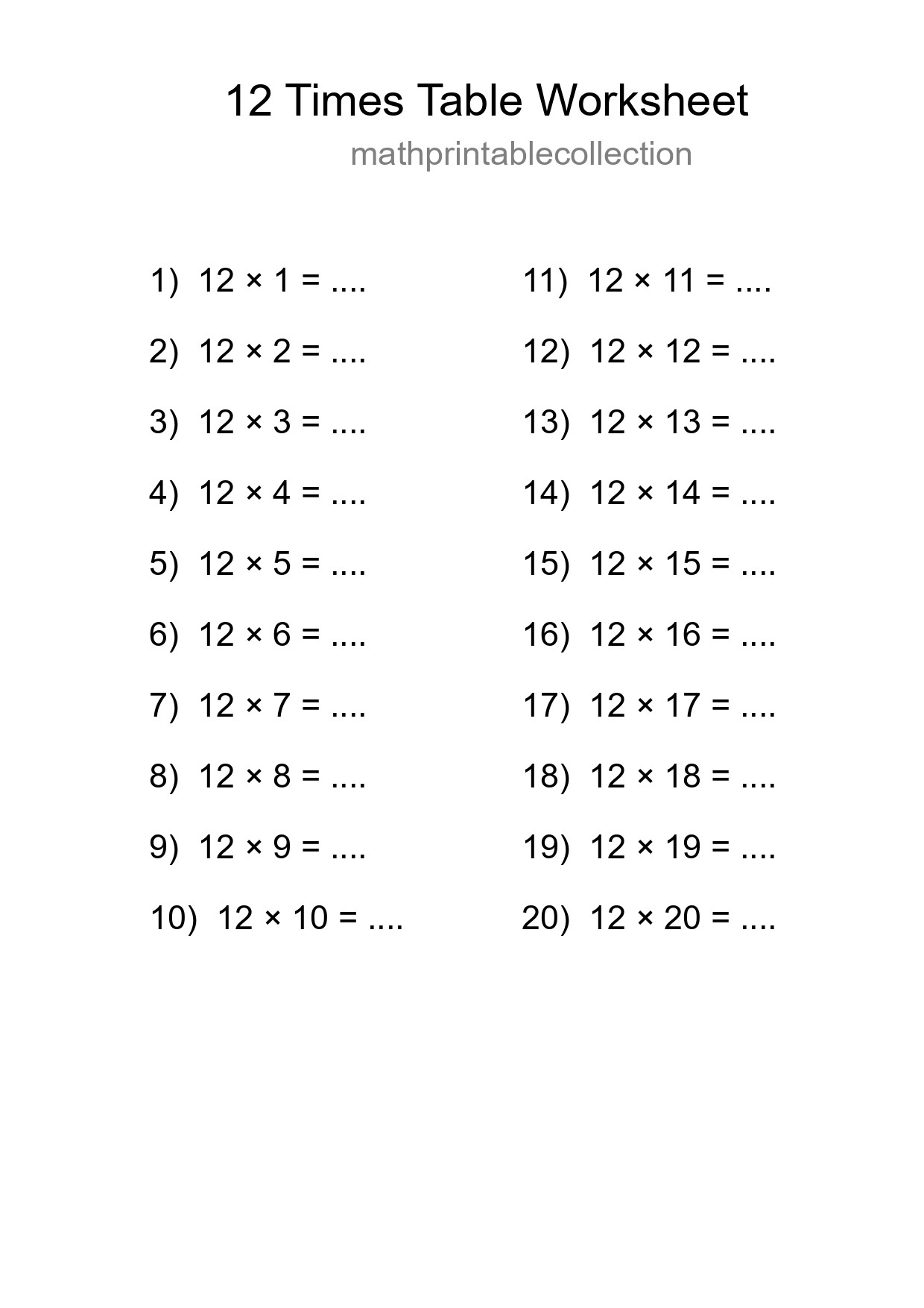 12 Times Table Worksheet For Grade 4 - Part 9