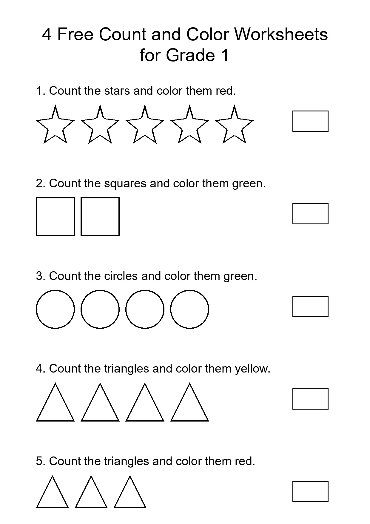 4 Free Count and Color Worksheets for Grade 1