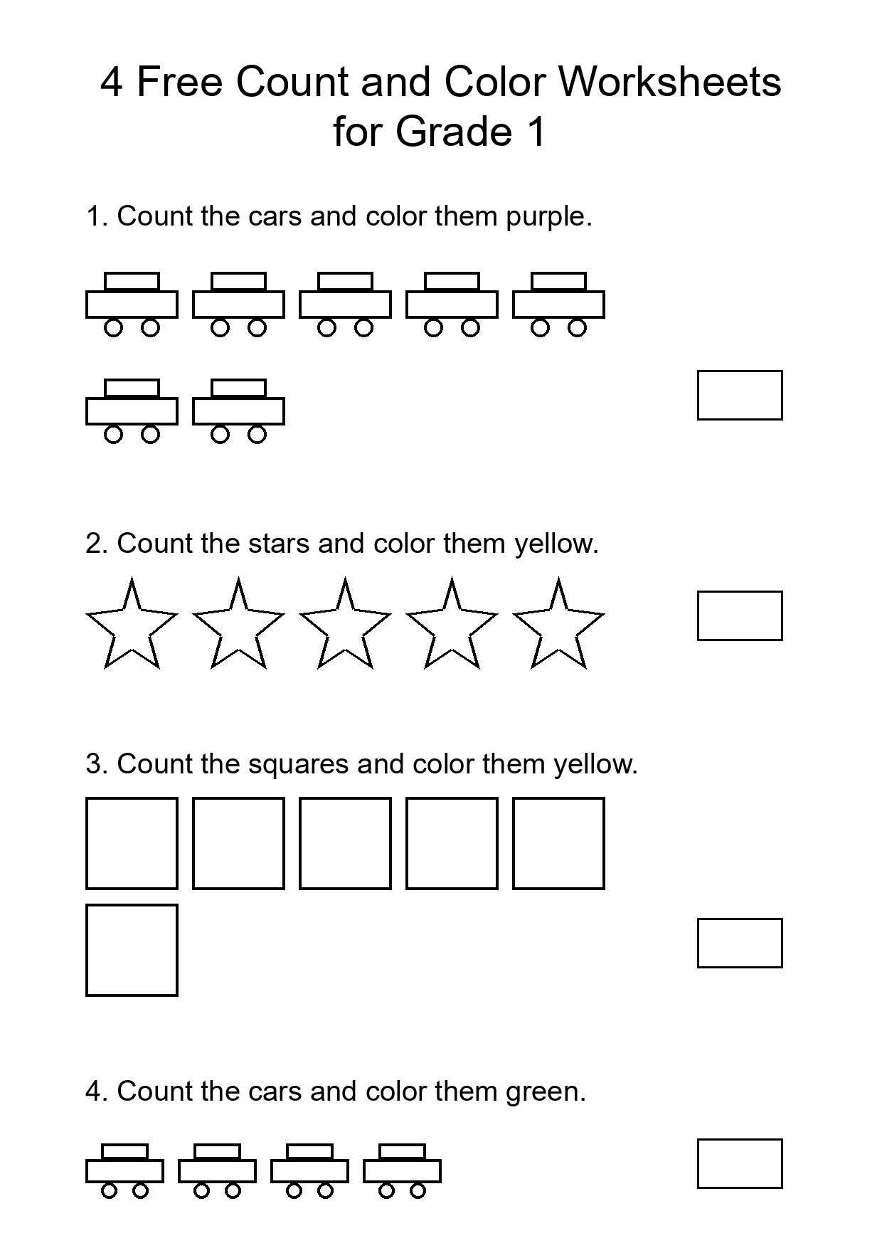 4 Free Count and Color Worksheets for Grade 1
