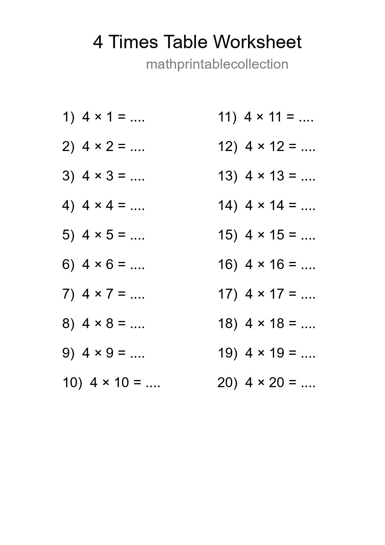 4 Times Table Worksheet For Grade 2 With Answers - Part 75