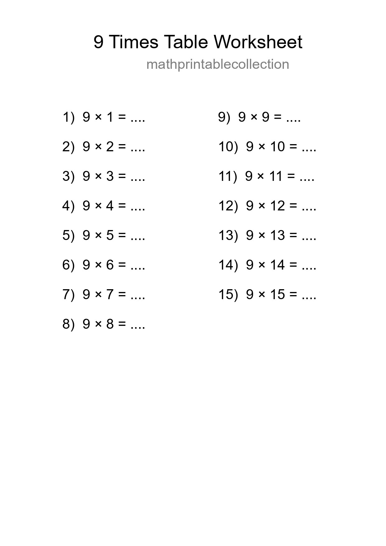 9 Times Table Worksheet For Grade 3 - Part 196