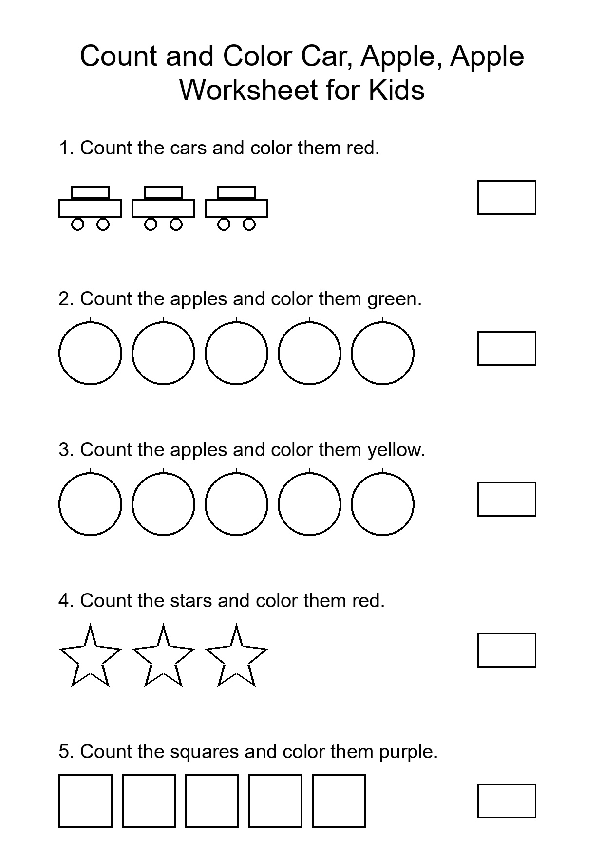 Count and Color Car, Apple, Apple Worksheet for Kids