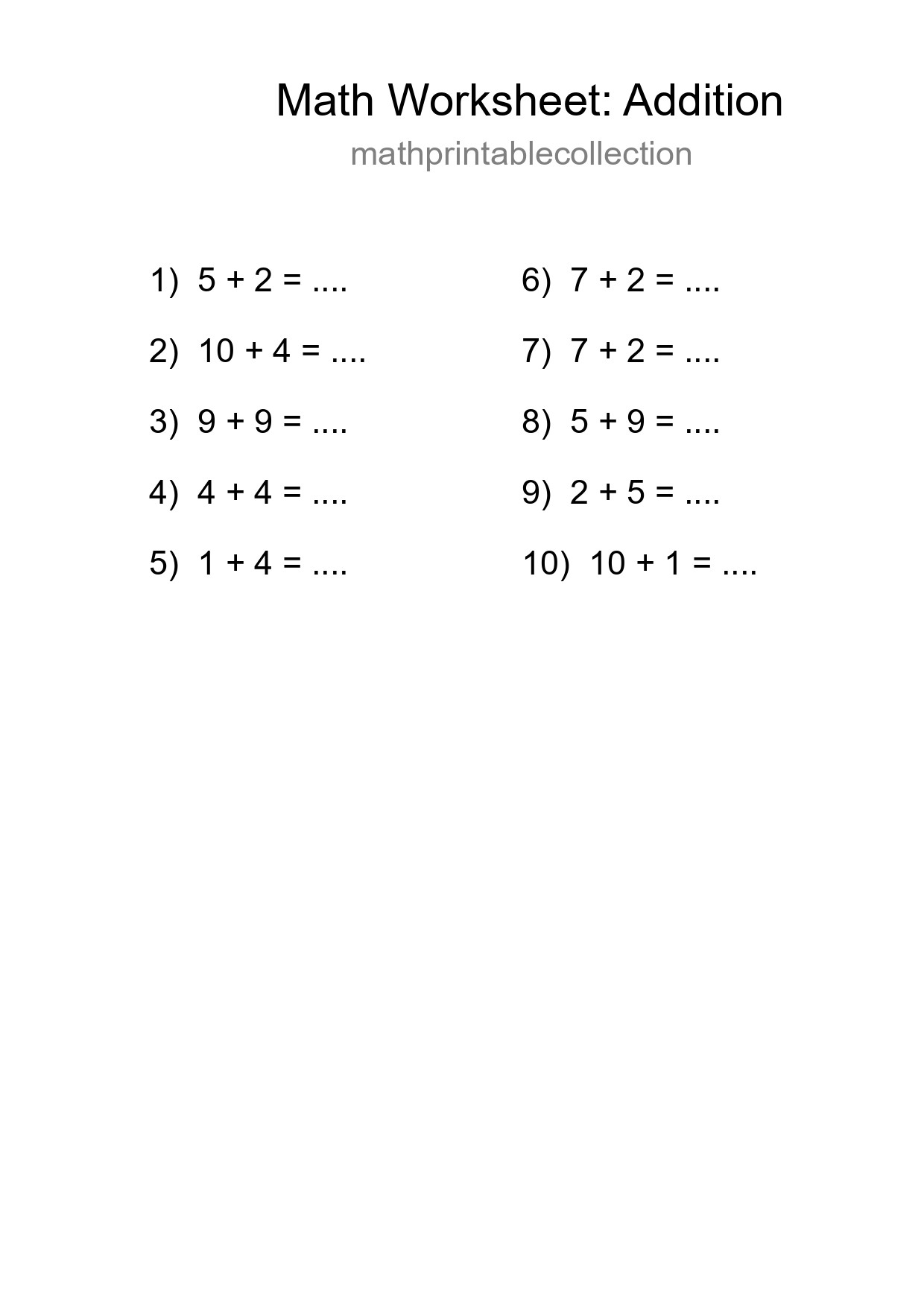 Free 10 Addition Math Worksheet For Grade 1 With Answers - Part 199