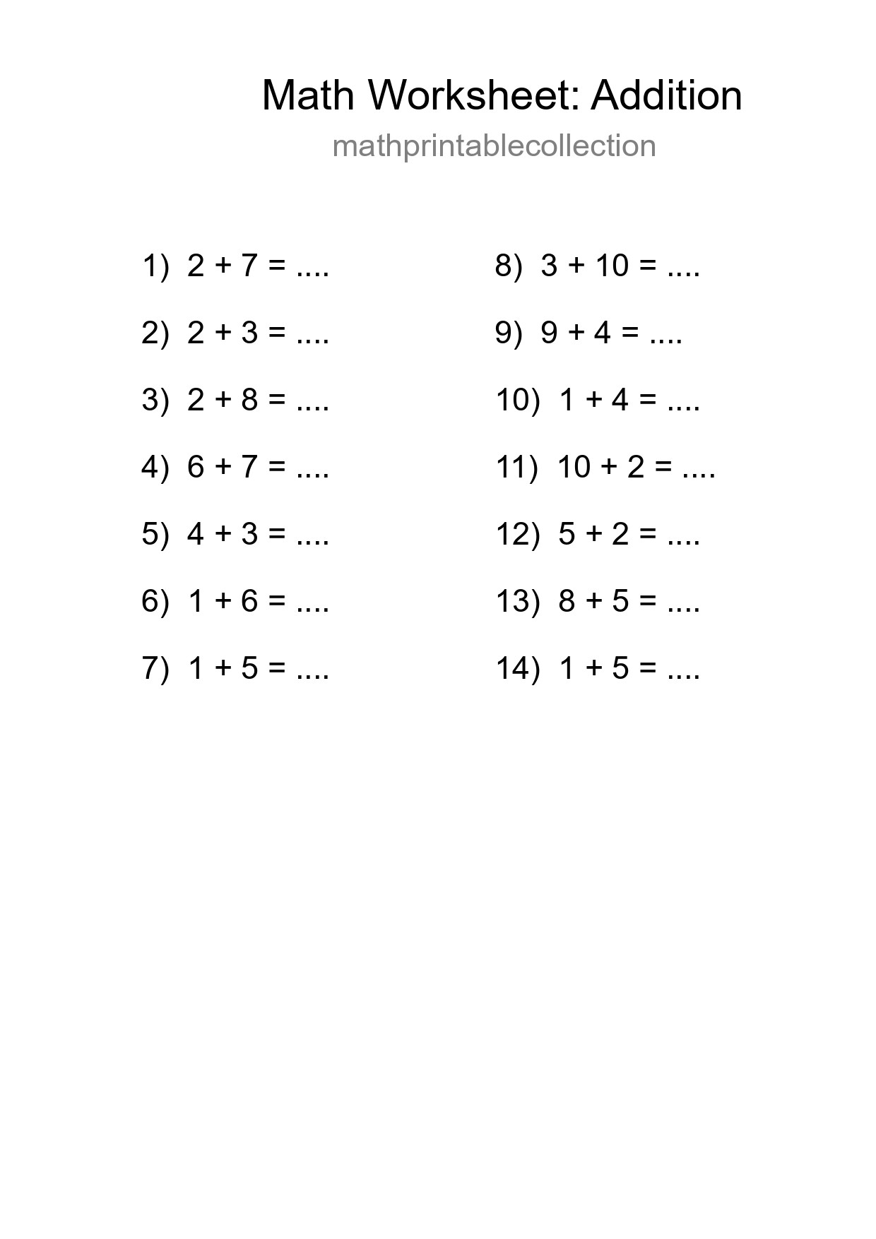 Free 14 Addition Math Worksheet For Grade 1 - Part 276