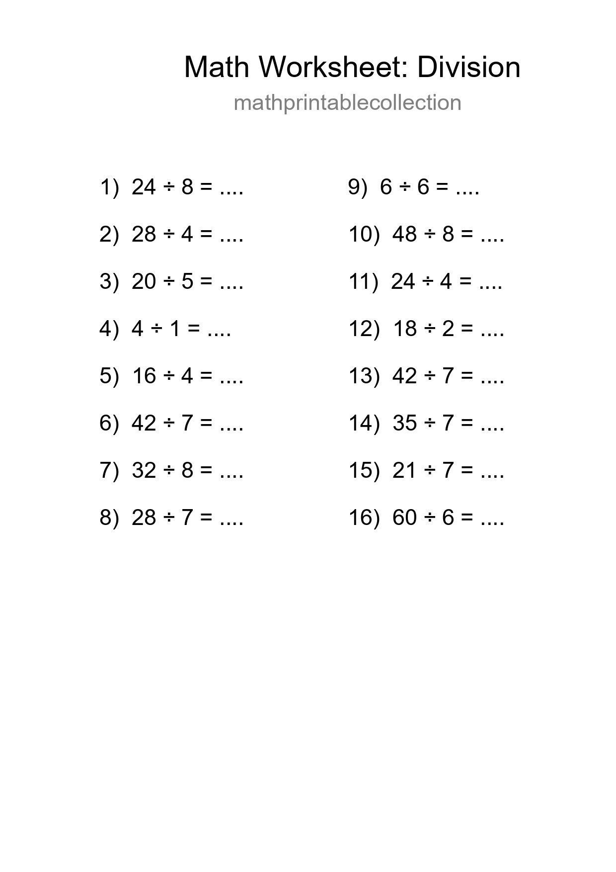 Free 16 Division Math Worksheet For Grade 1 With Answers - Part 70
