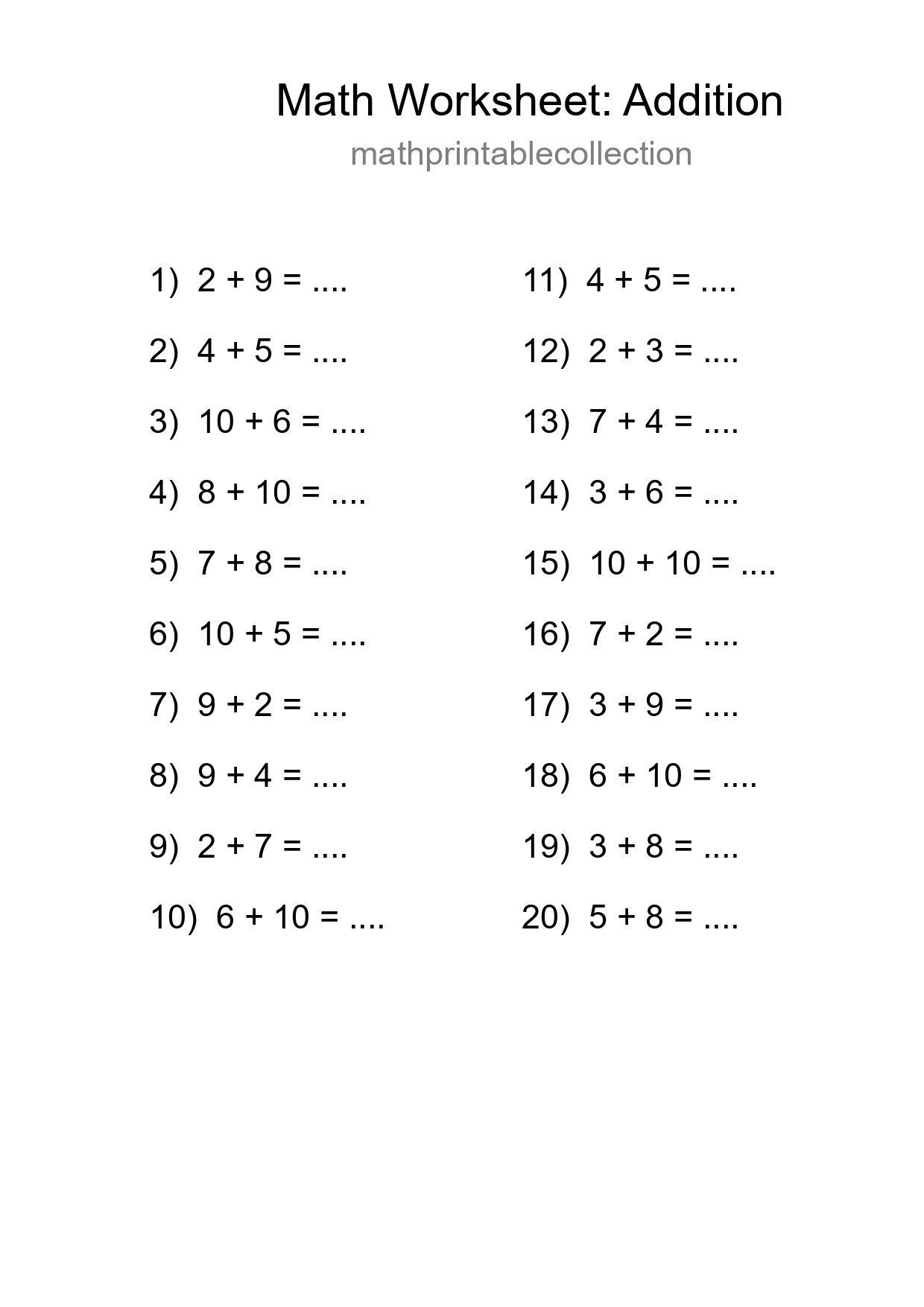 Free 20 Addition Math Worksheet For Grade 1 - Part 133