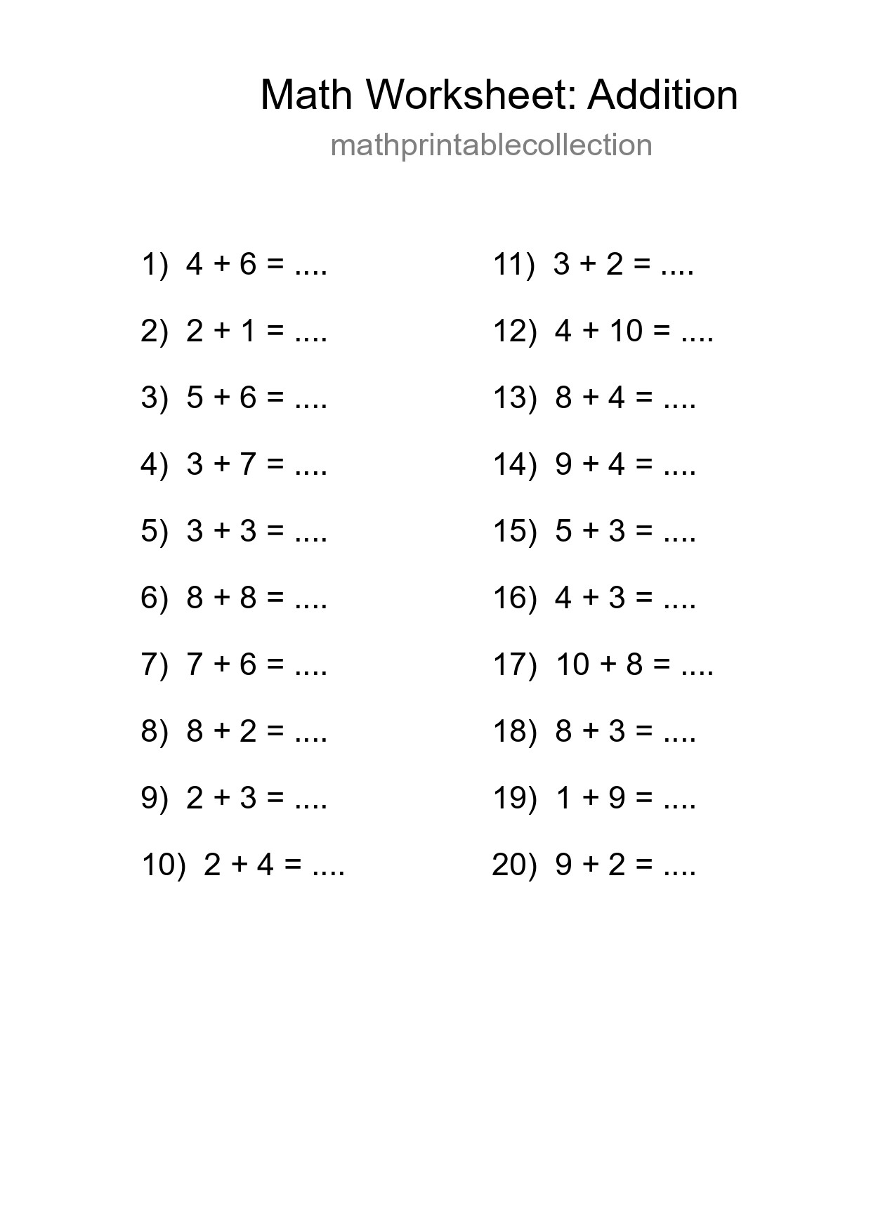 Free 20 Addition Math Worksheet For Grade 1 With Answers - Part 188