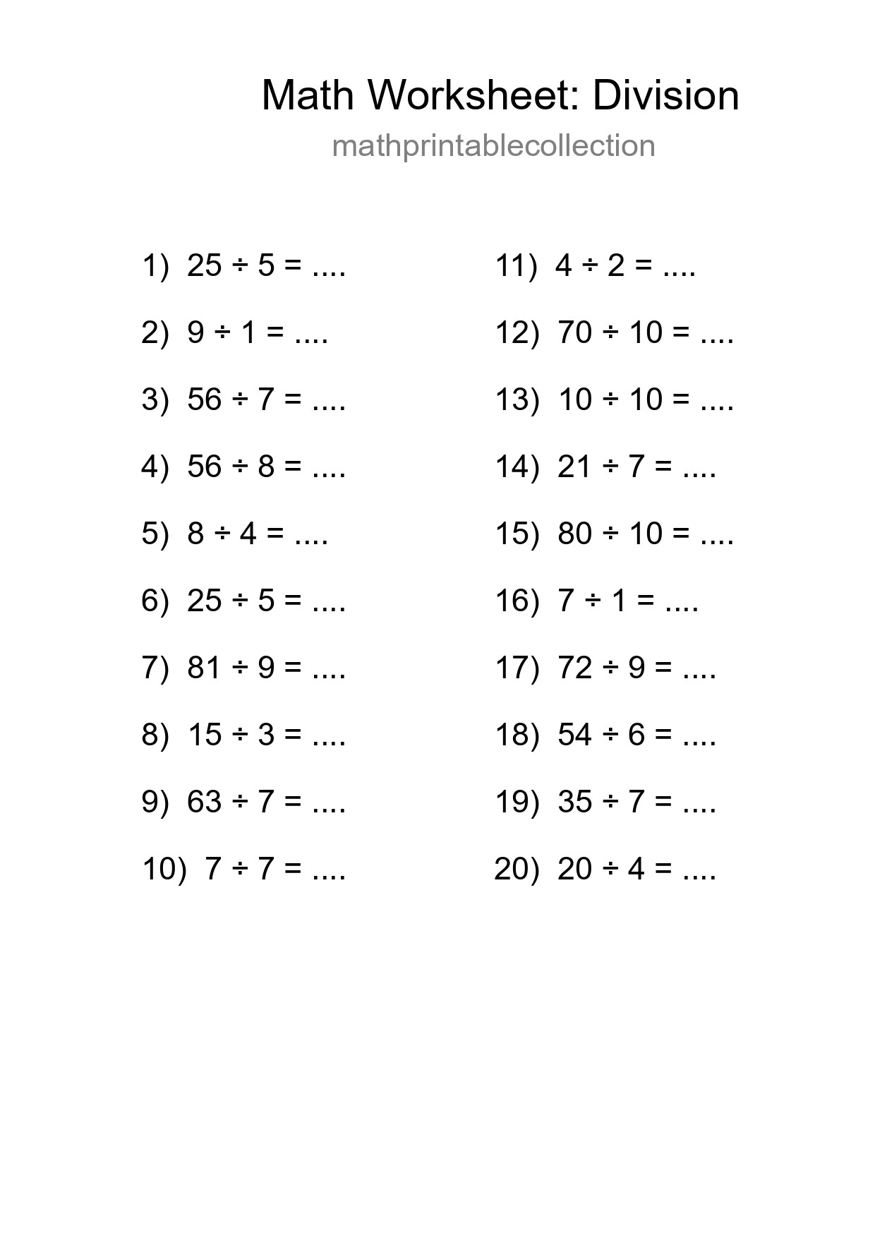 Free 20 Division Math Worksheet For Grade 1 - Part 191
