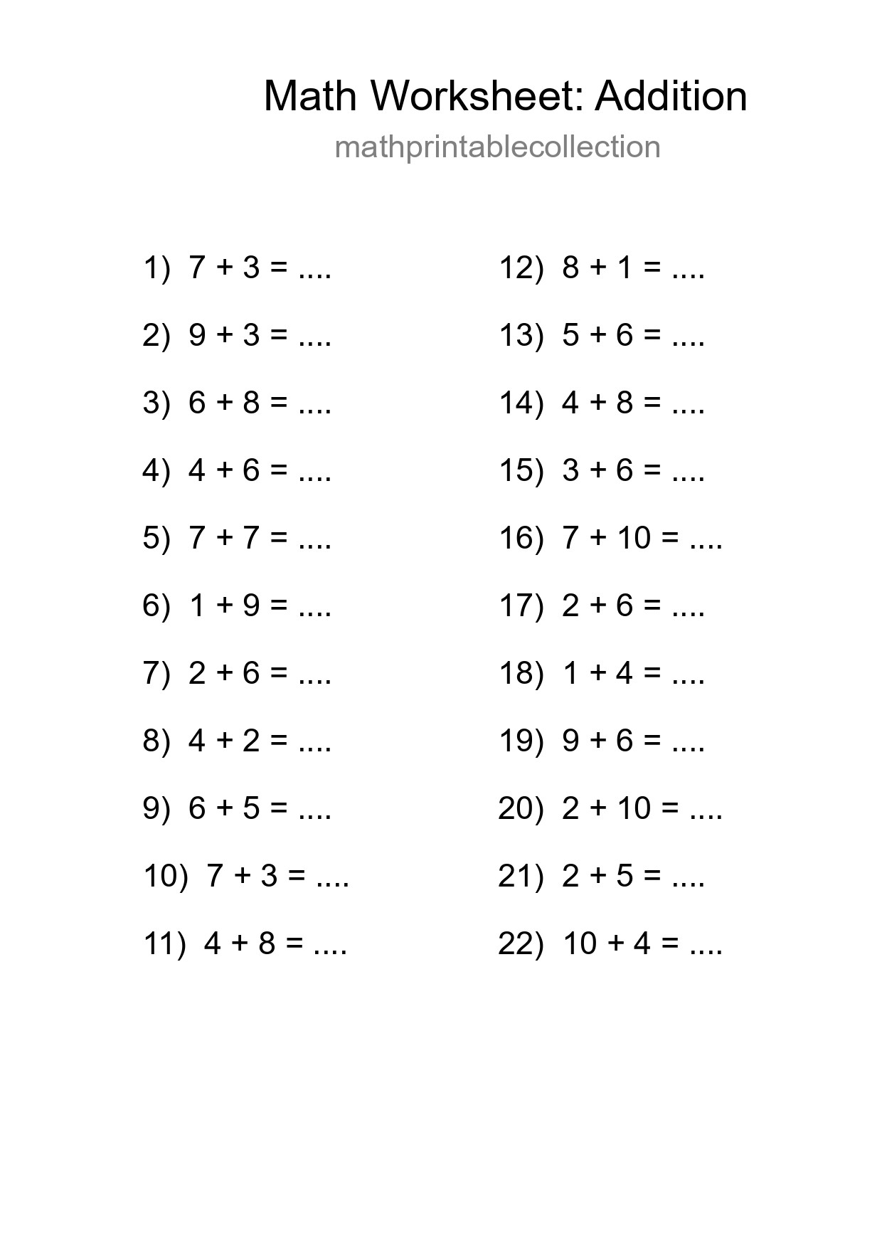 Free 22 Addition Math Worksheet For Grade 1 With Answers - Part 67