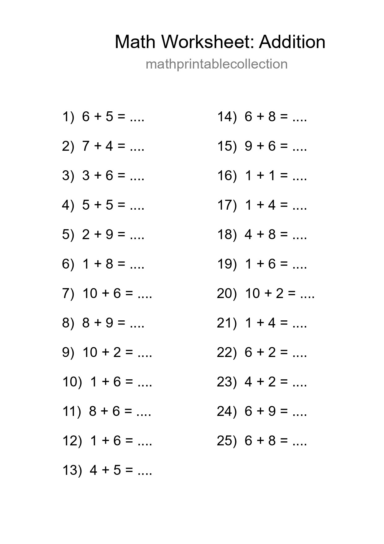 Free 25 Addition Math Worksheet For Grade 1 - Part 12