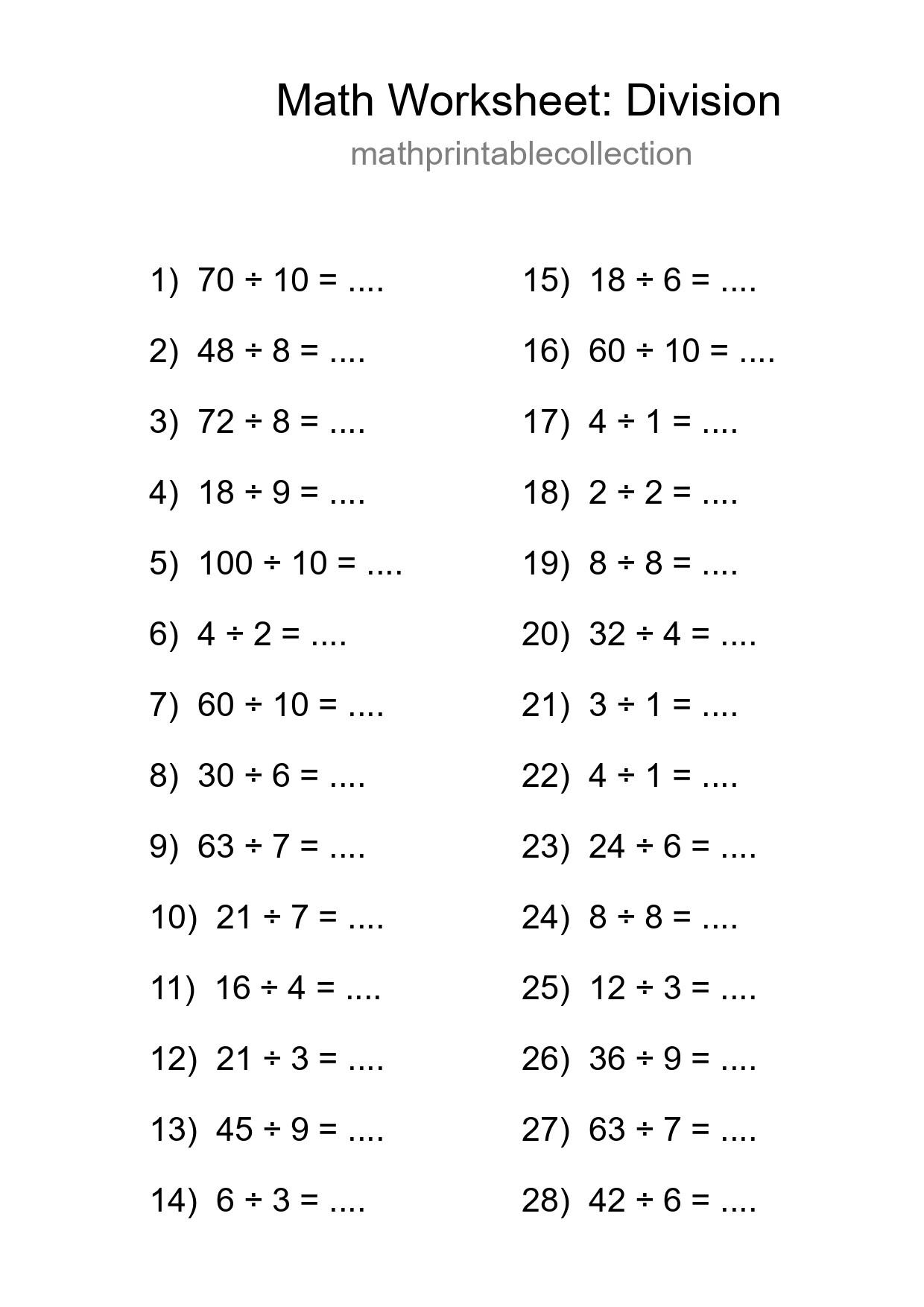 Free 28 Division Math Worksheet For Grade 1 With Answers - Part 125