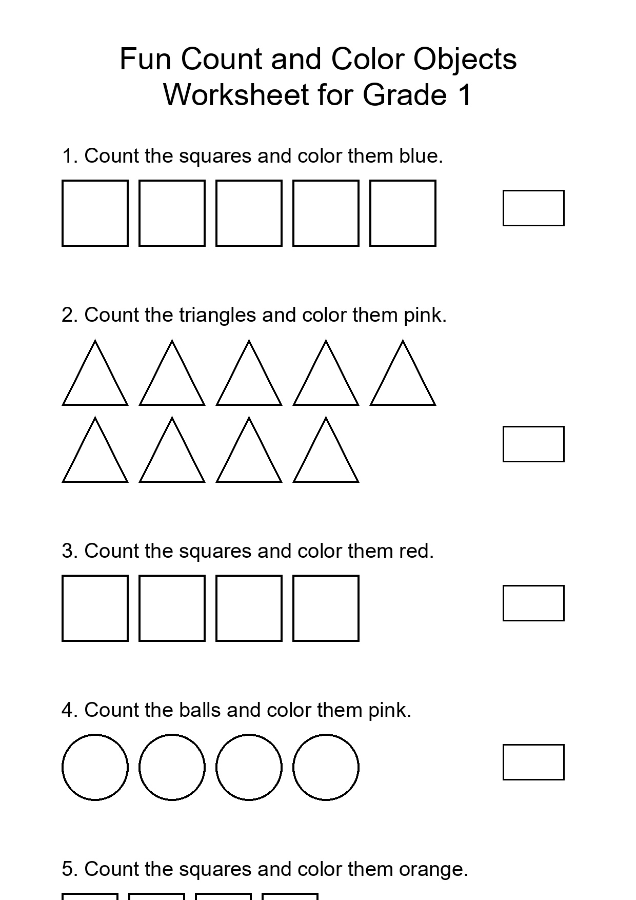 Fun Count and Color Objects Worksheet for Grade 1