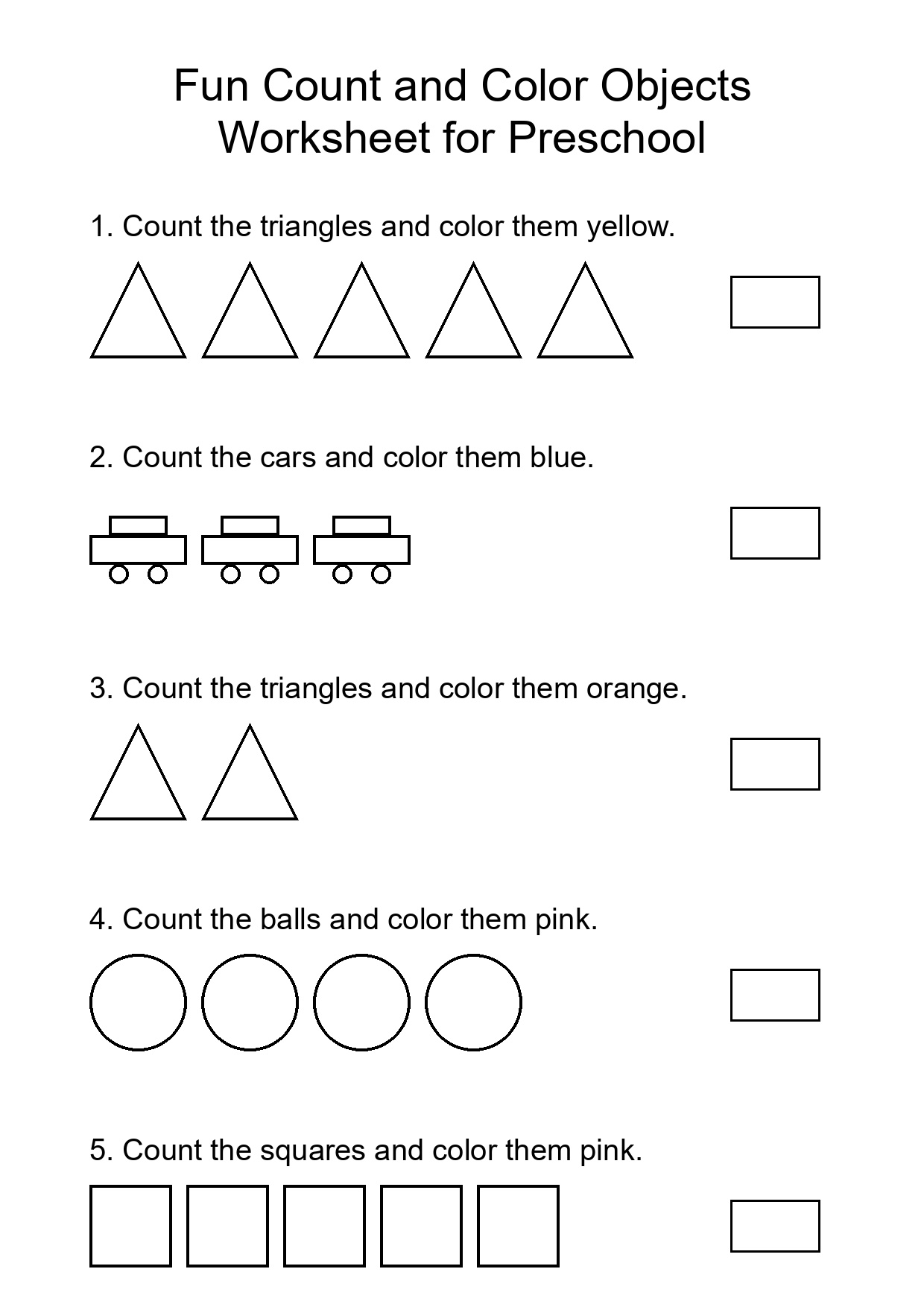 Fun Count and Color Objects Worksheet for Preschool