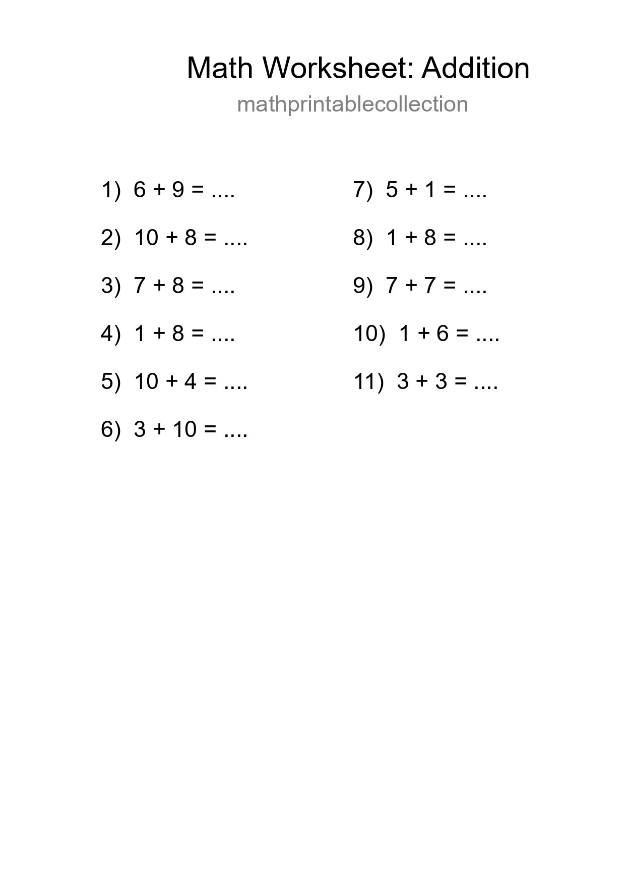 Grade 1 Addition Practice Worksheet (11 Problems) - Part 89