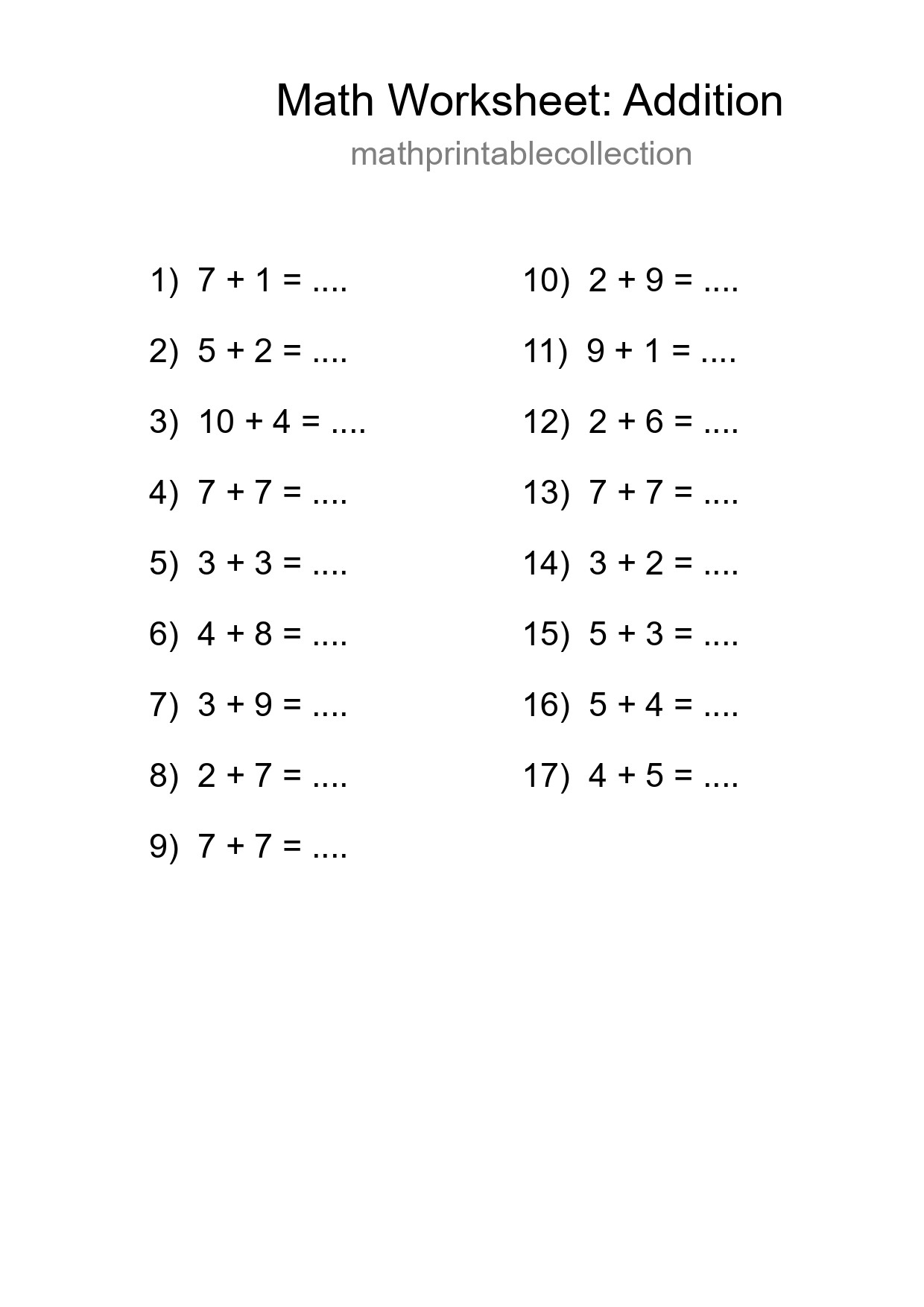 Grade 1 Addition Practice Worksheet (17 Problems) - Part 122