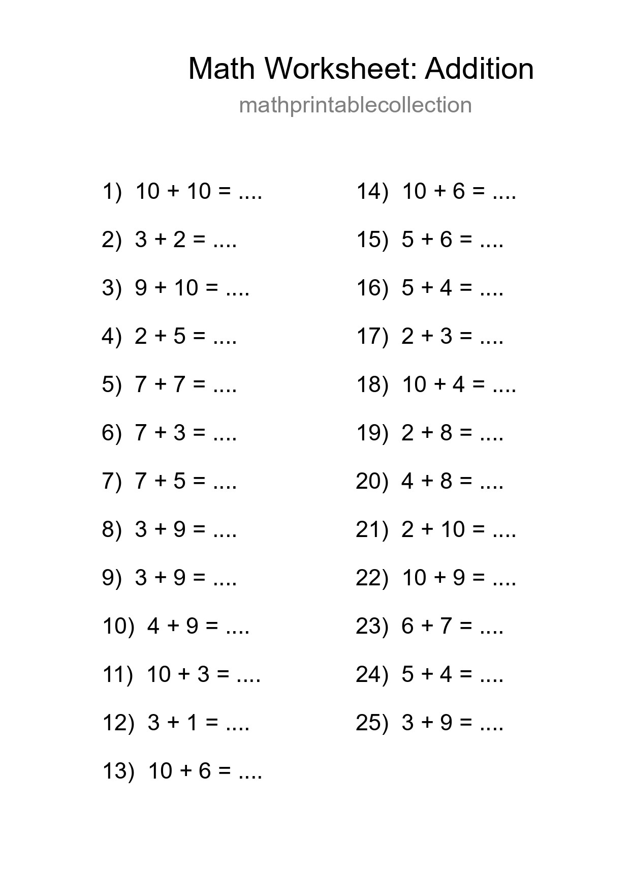 Grade 1 Addition Practice Worksheet (25 Problems) - Part 45