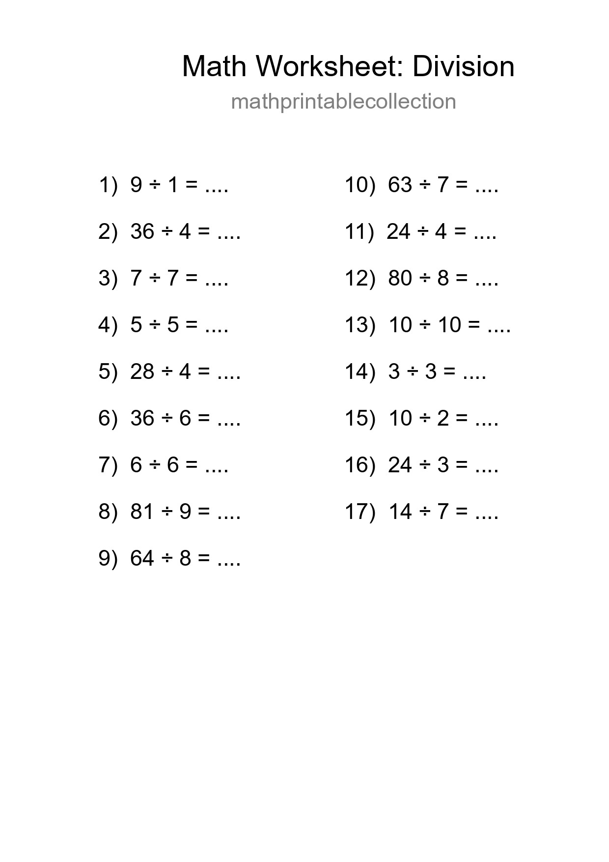 Grade 1 Division Practice Worksheet (17 Problems) - Part 136