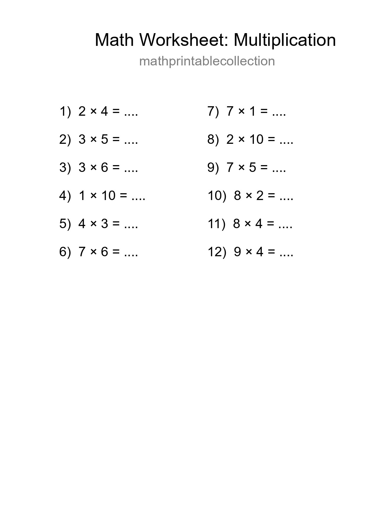 Grade 1 Multiplication Practice Worksheet (12 Problems) - Part 238