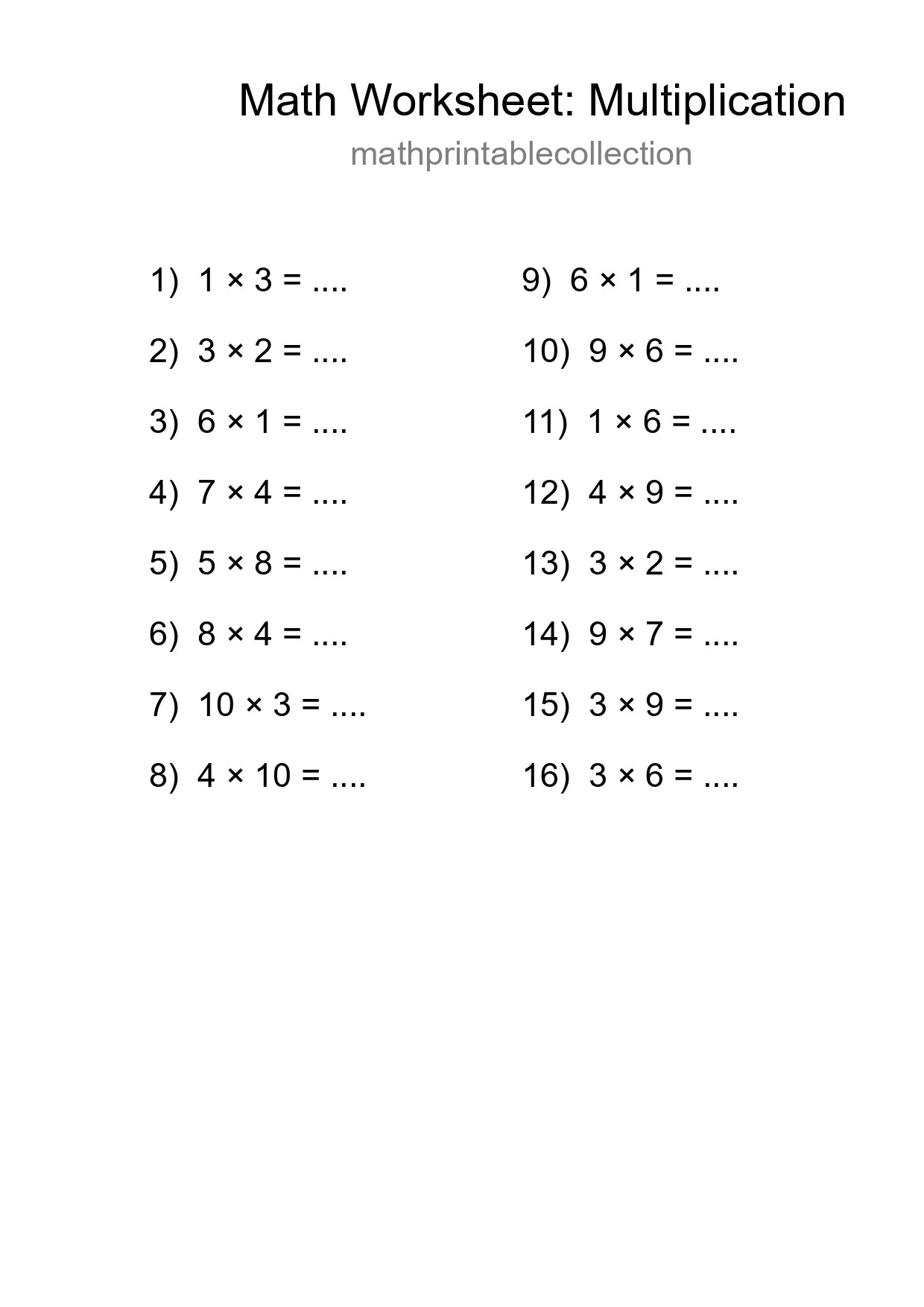 Grade 1 Multiplication Practice Worksheet (16 Problems) - Part 73