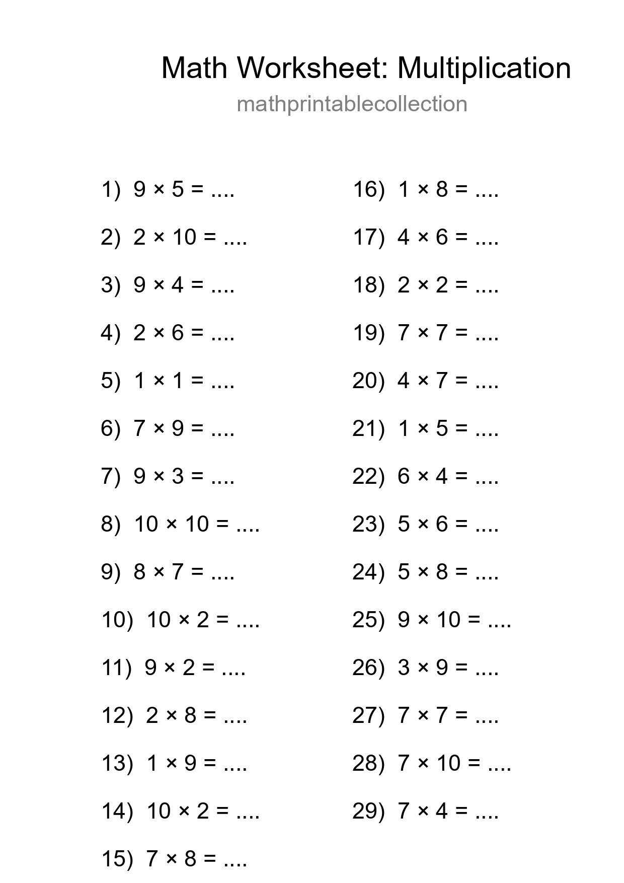 Grade 1 Multiplication Practice Worksheet (29 Problems) - Part 172