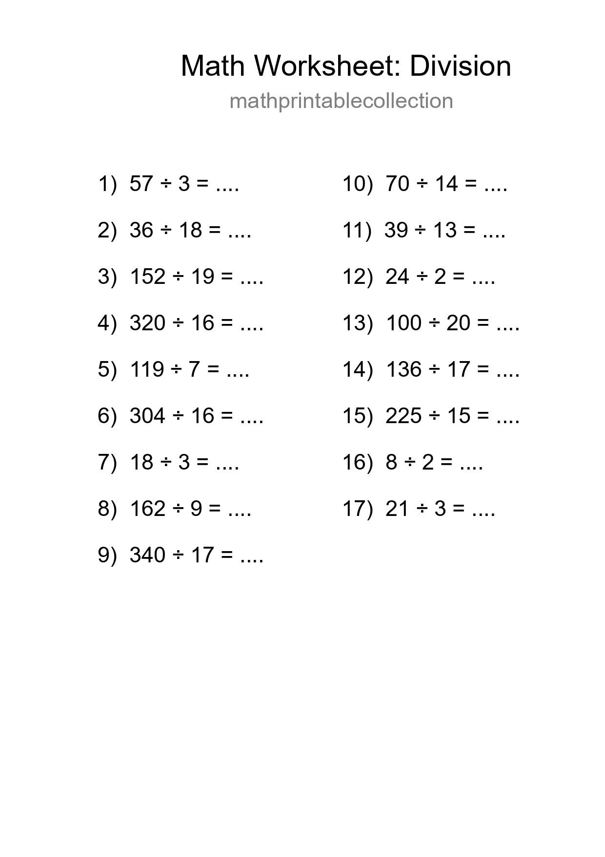 Grade 2 Division Practice Worksheet (17 Problems) - Part 114
