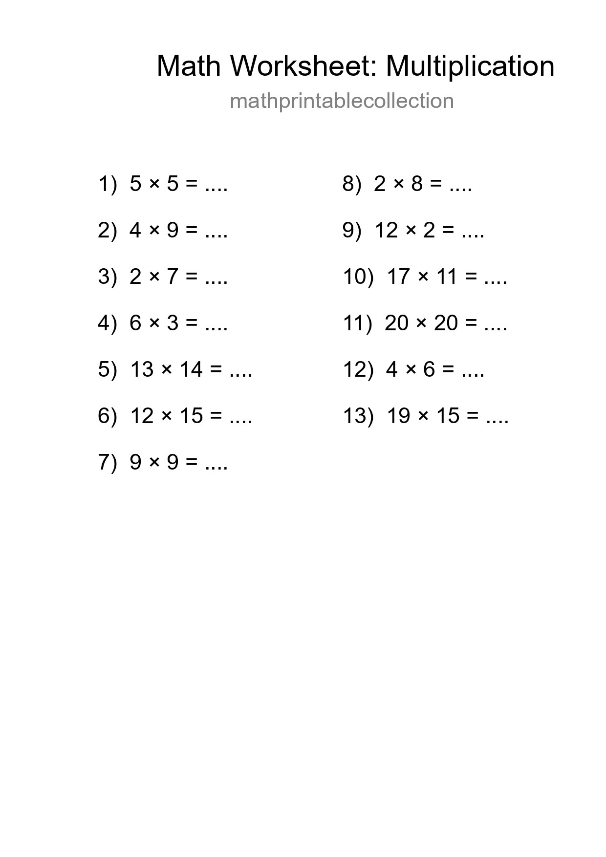Grade 2 Multiplication Practice Worksheet (13 Problems) - Part 205