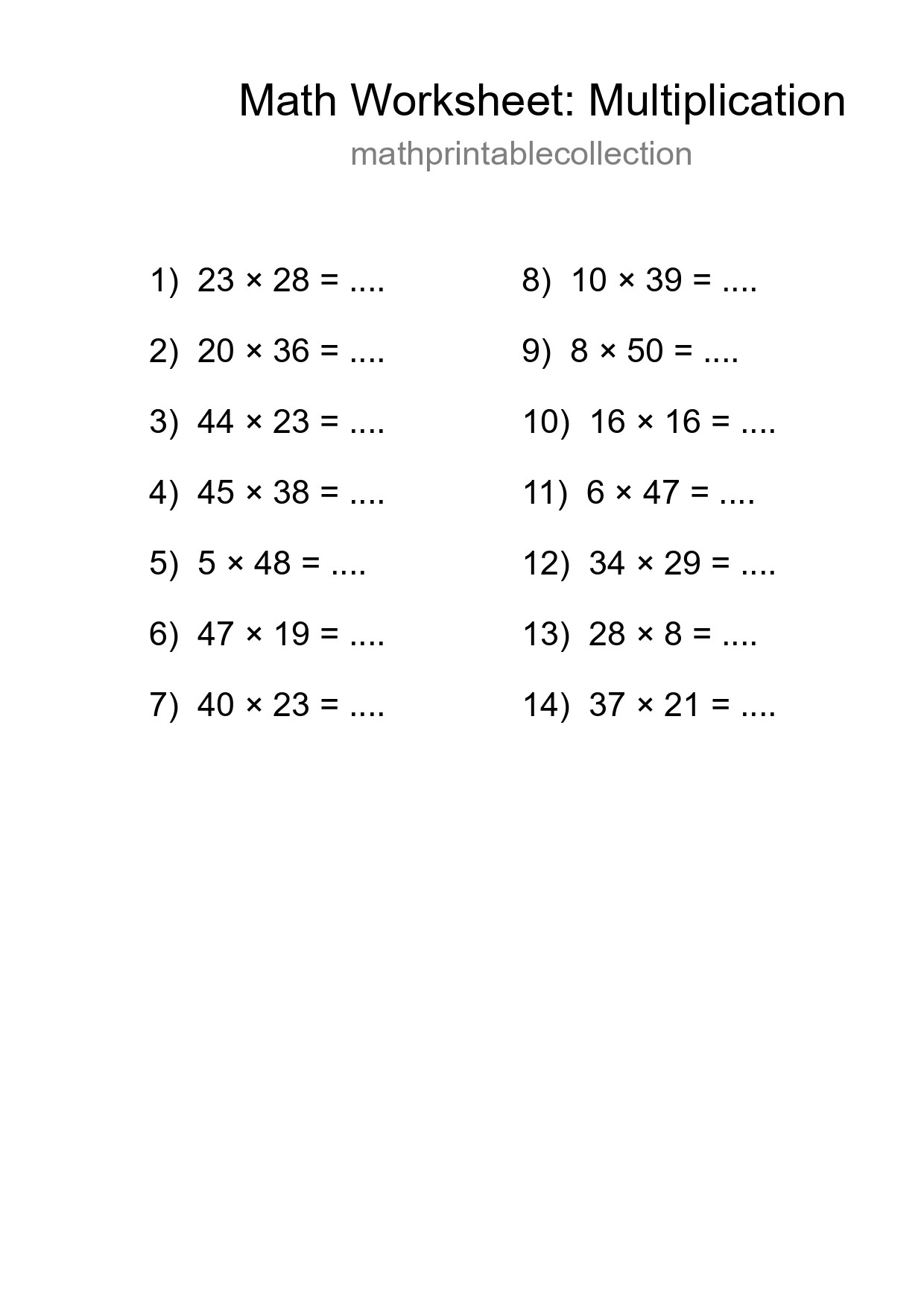 Grade 2 Multiplication Practice Worksheet (14 Problems) - Part 161