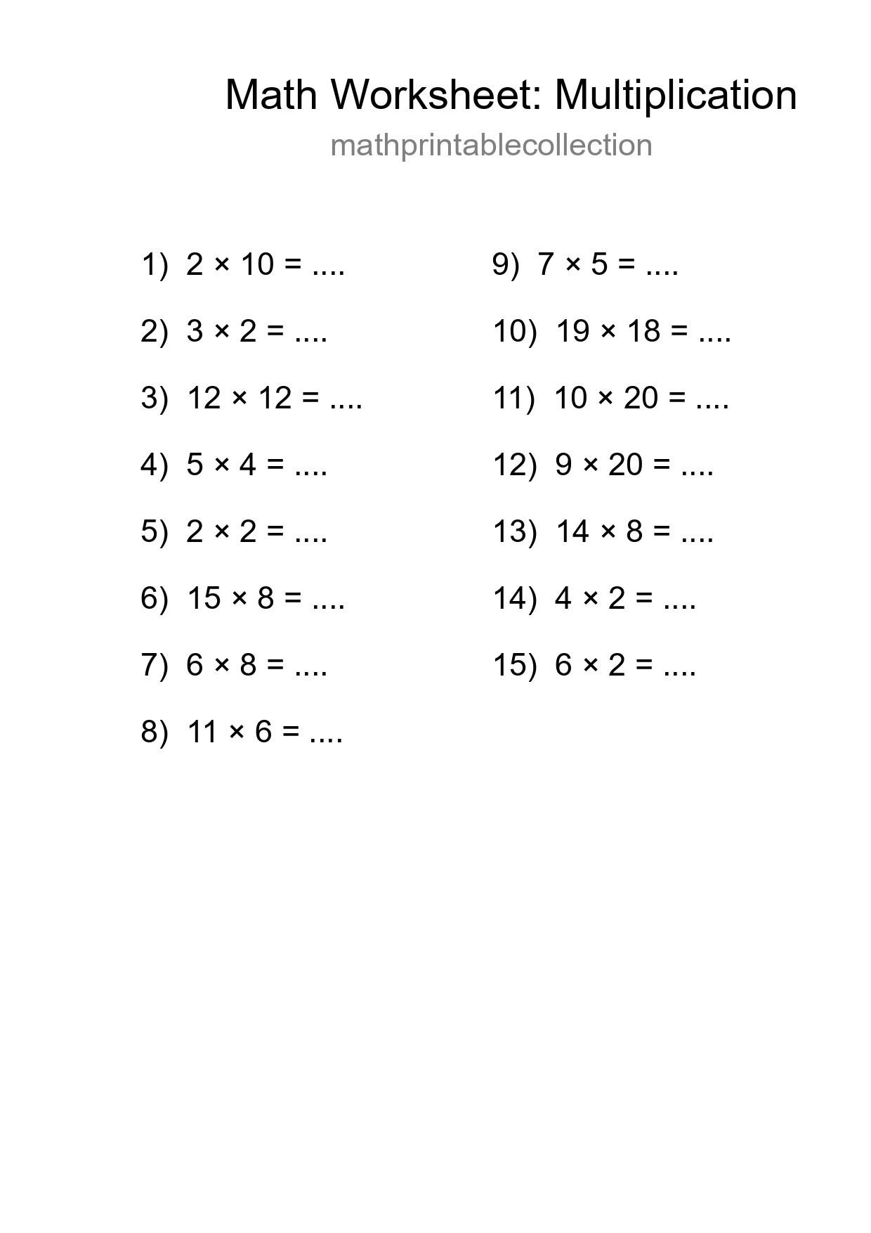 Grade 2 Multiplication Practice Worksheet (15 Problems) - Part 7