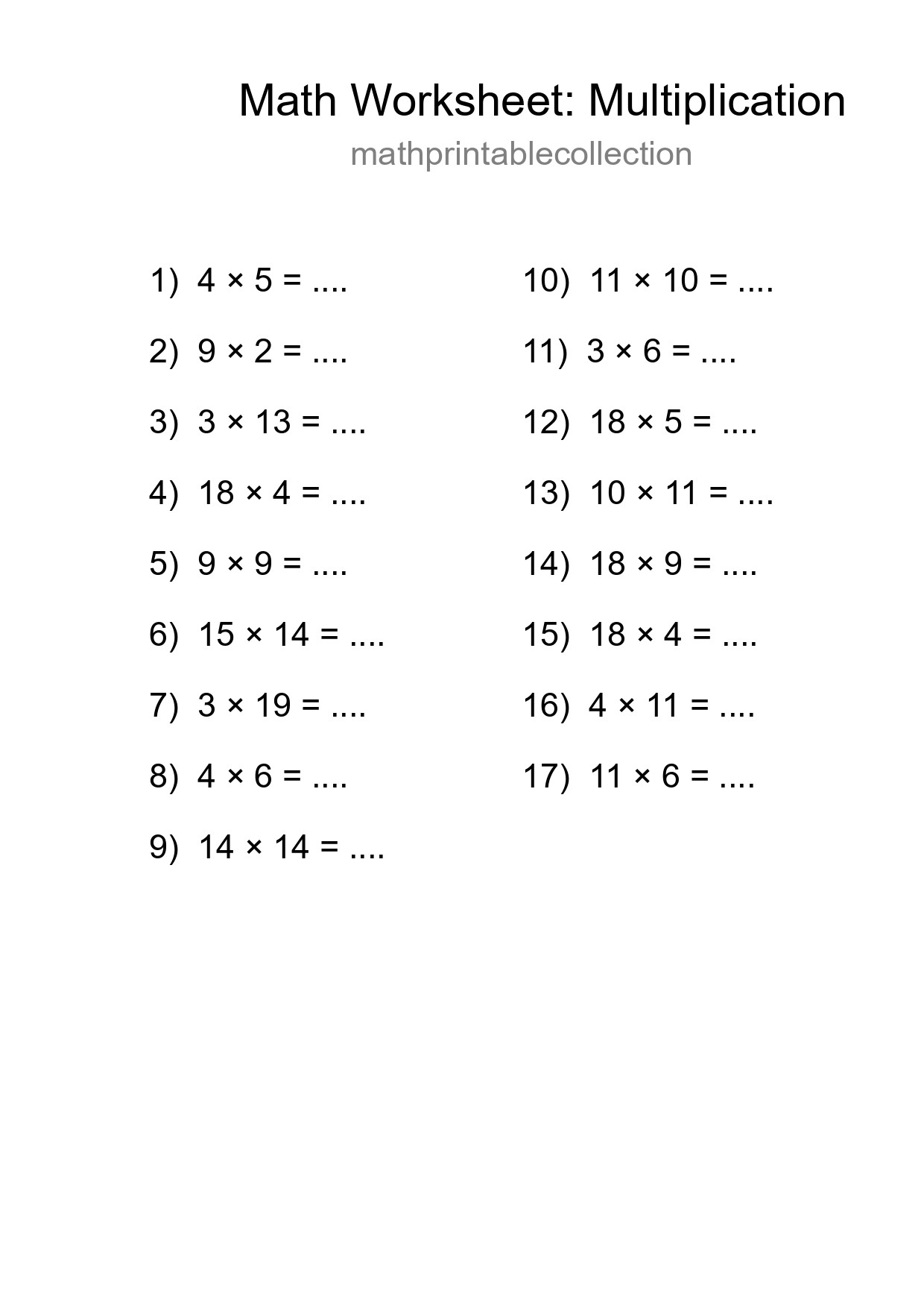 Grade 2 Multiplication Practice Worksheet (17 Problems) - Part 271