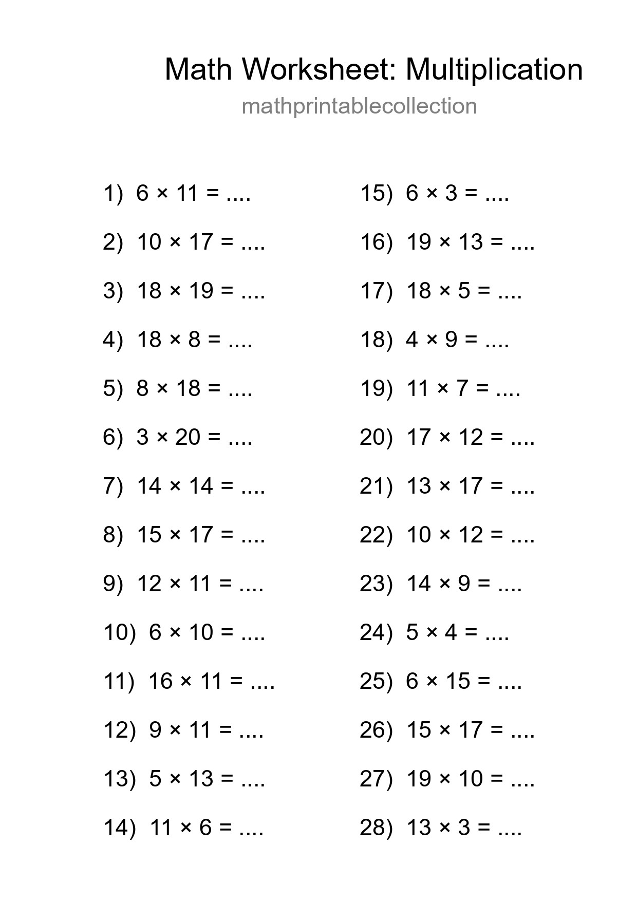 Grade 2 Multiplication Practice Worksheet (28 Problems) - Part 51