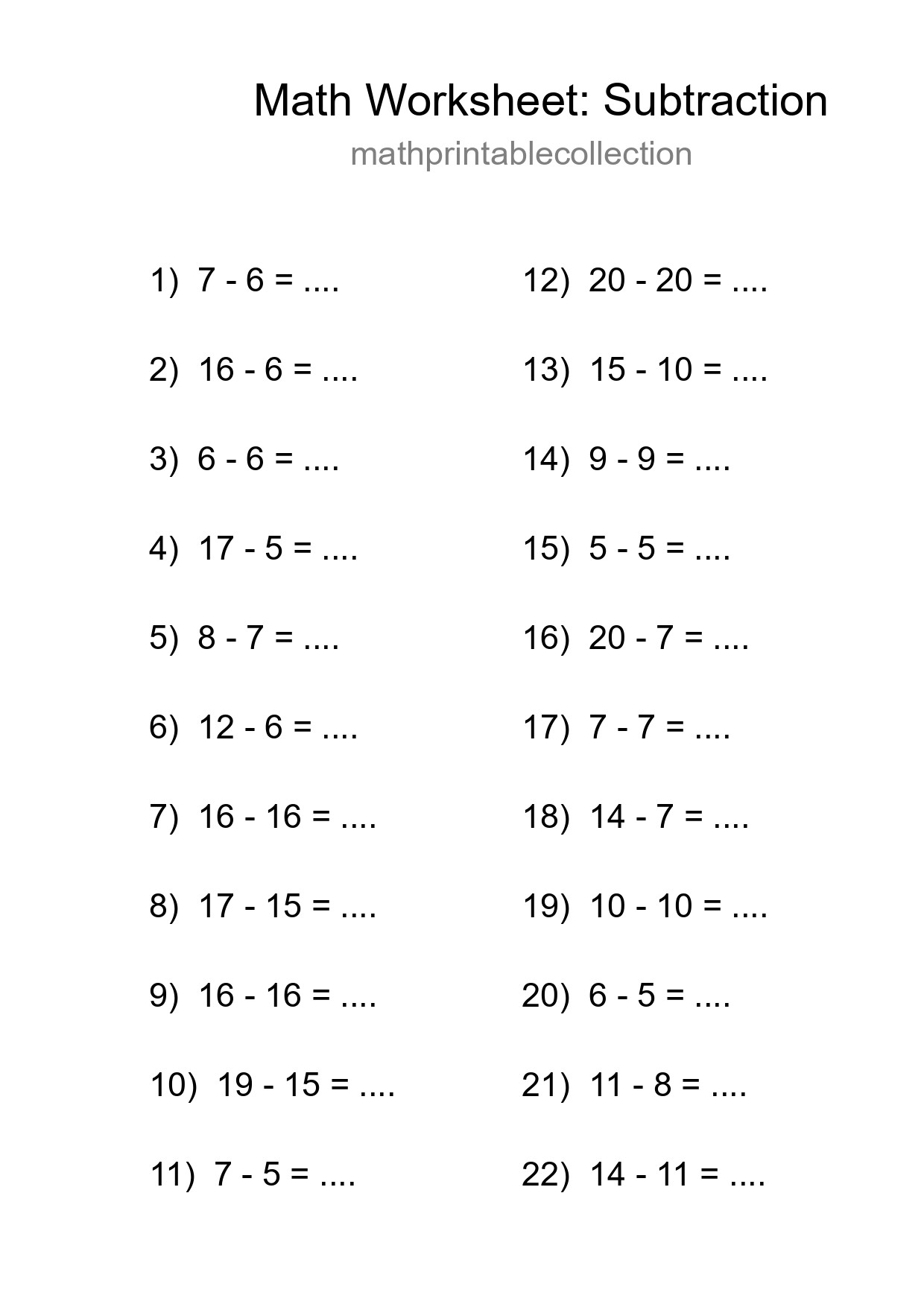 Grade 2 Subtraction Practice Worksheet (22 Problems) - Part 52