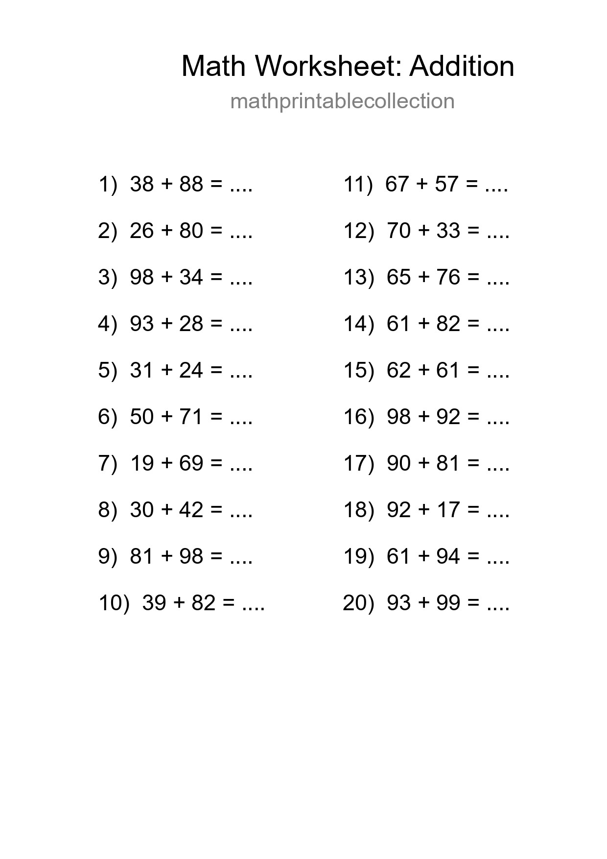 Grade 3 Addition Practice Worksheet (20 Problems) - Part 100