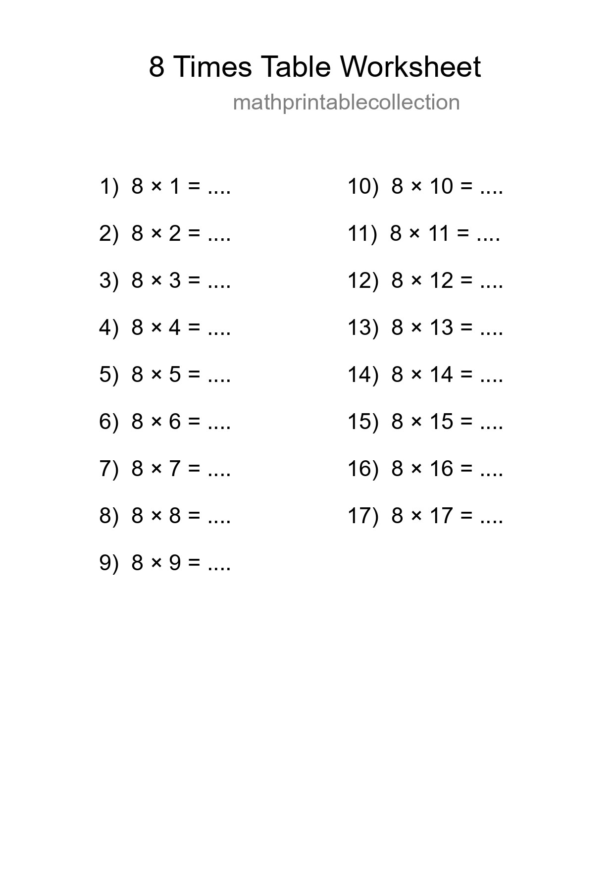 Grade 3 Multiplication Table 8 Practice - Part 20