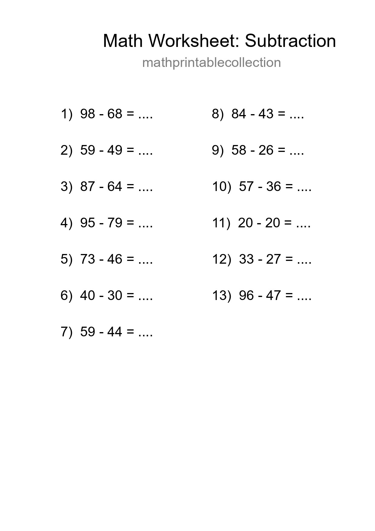 Grade 3 Subtraction Practice Worksheet (13 Problems) - Part 107
