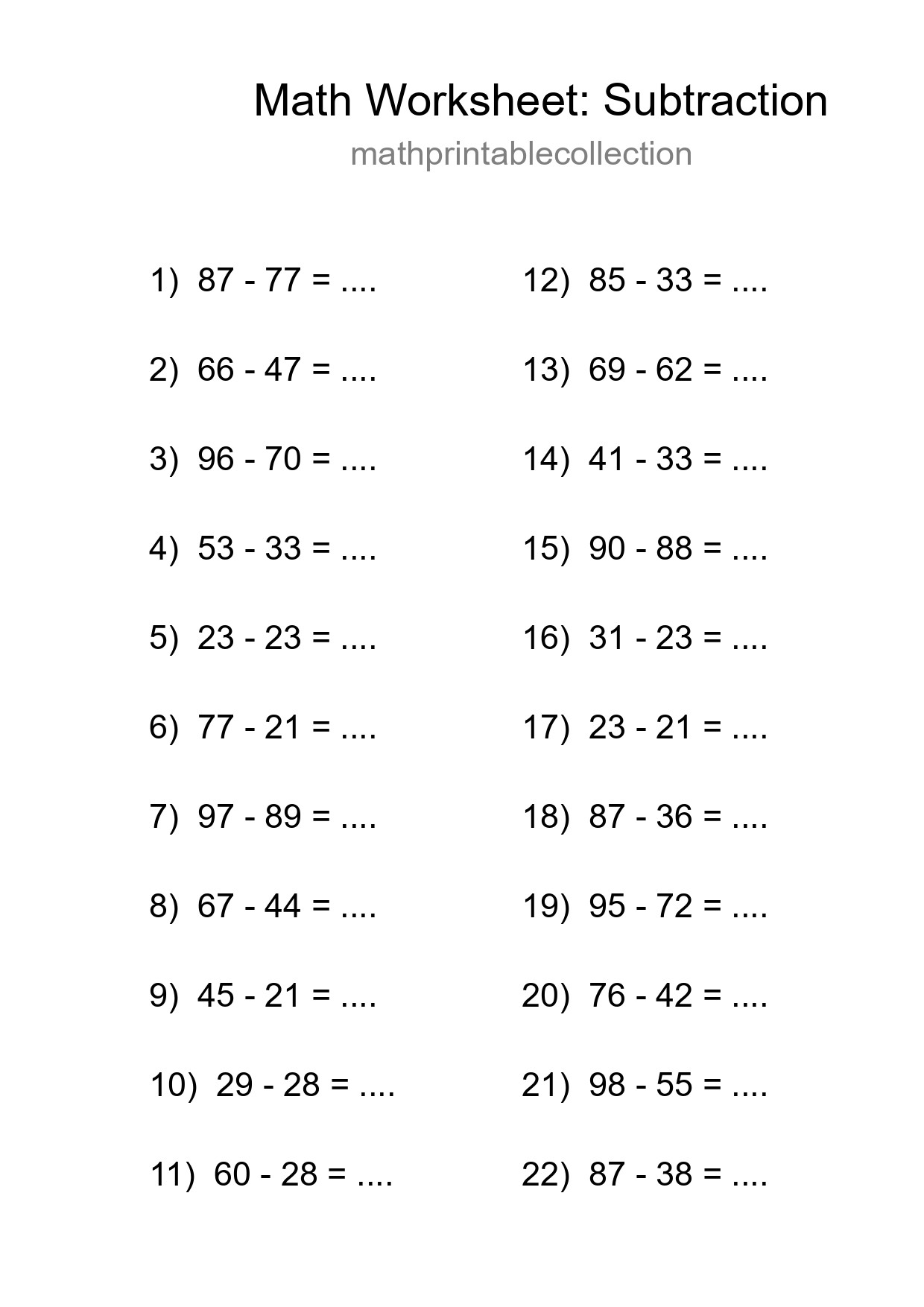 Grade 3 Subtraction Practice Worksheet (22 Problems) - Part 228
