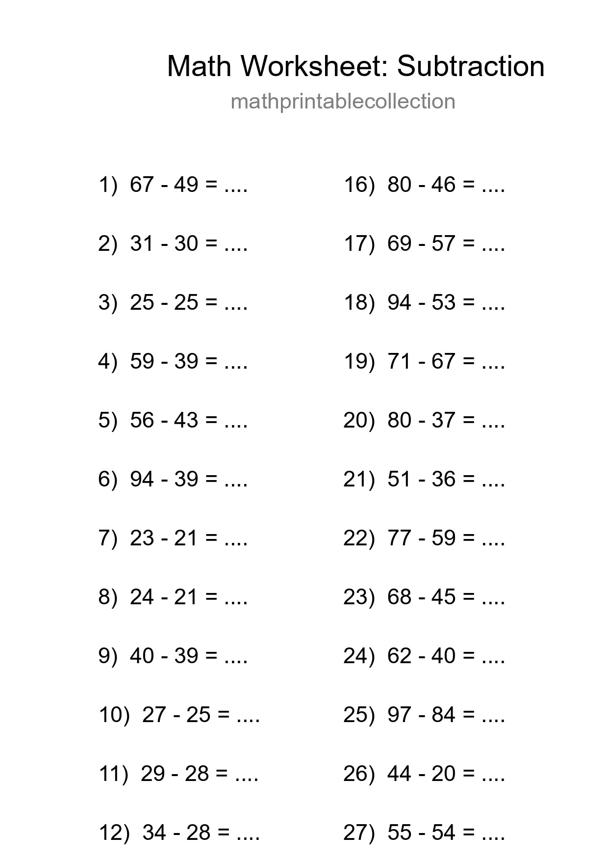Grade 3 Subtraction Practice Worksheet (30 Problems) - Part 74