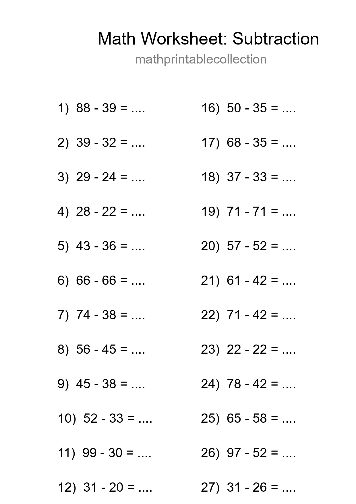 Grade 3 Subtraction Practice Worksheet (30 Problems) - Part 96