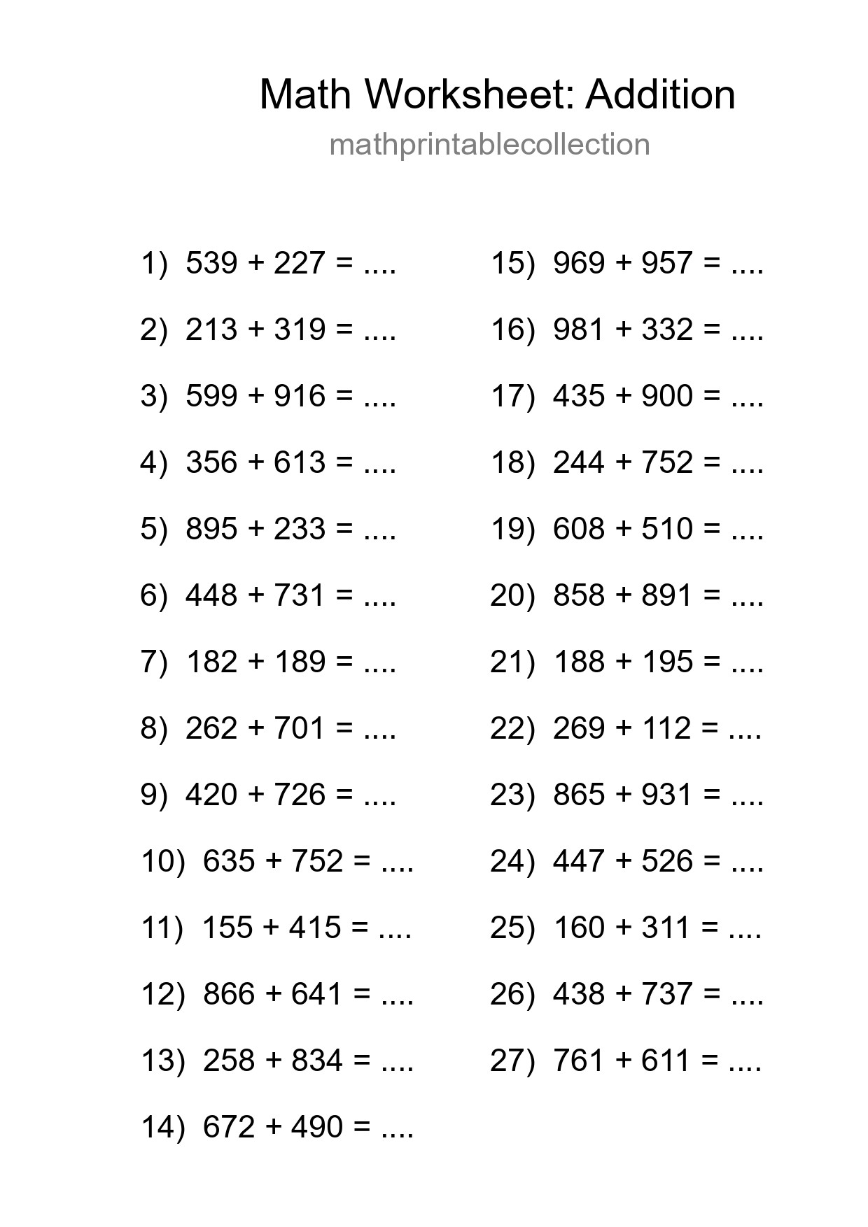 Grade 5 Addition Practice Worksheet (27 Problems) - Part 23