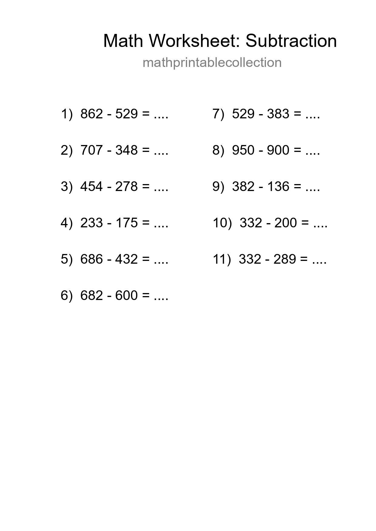 Grade 5 Subtraction Practice Worksheet (11 Problems) - Part 272