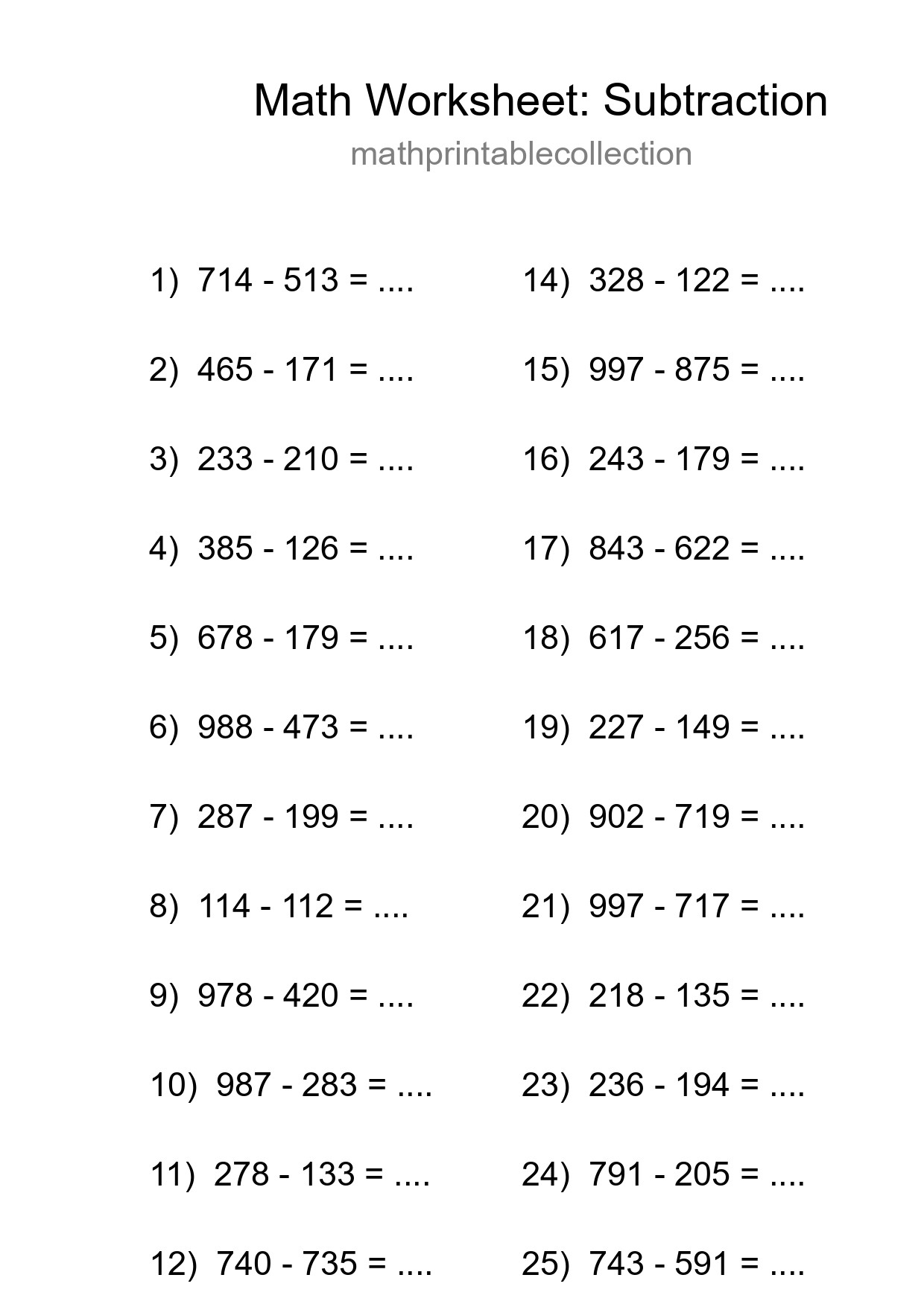 Grade 5 Subtraction Practice Worksheet (26 Problems) - Part 129