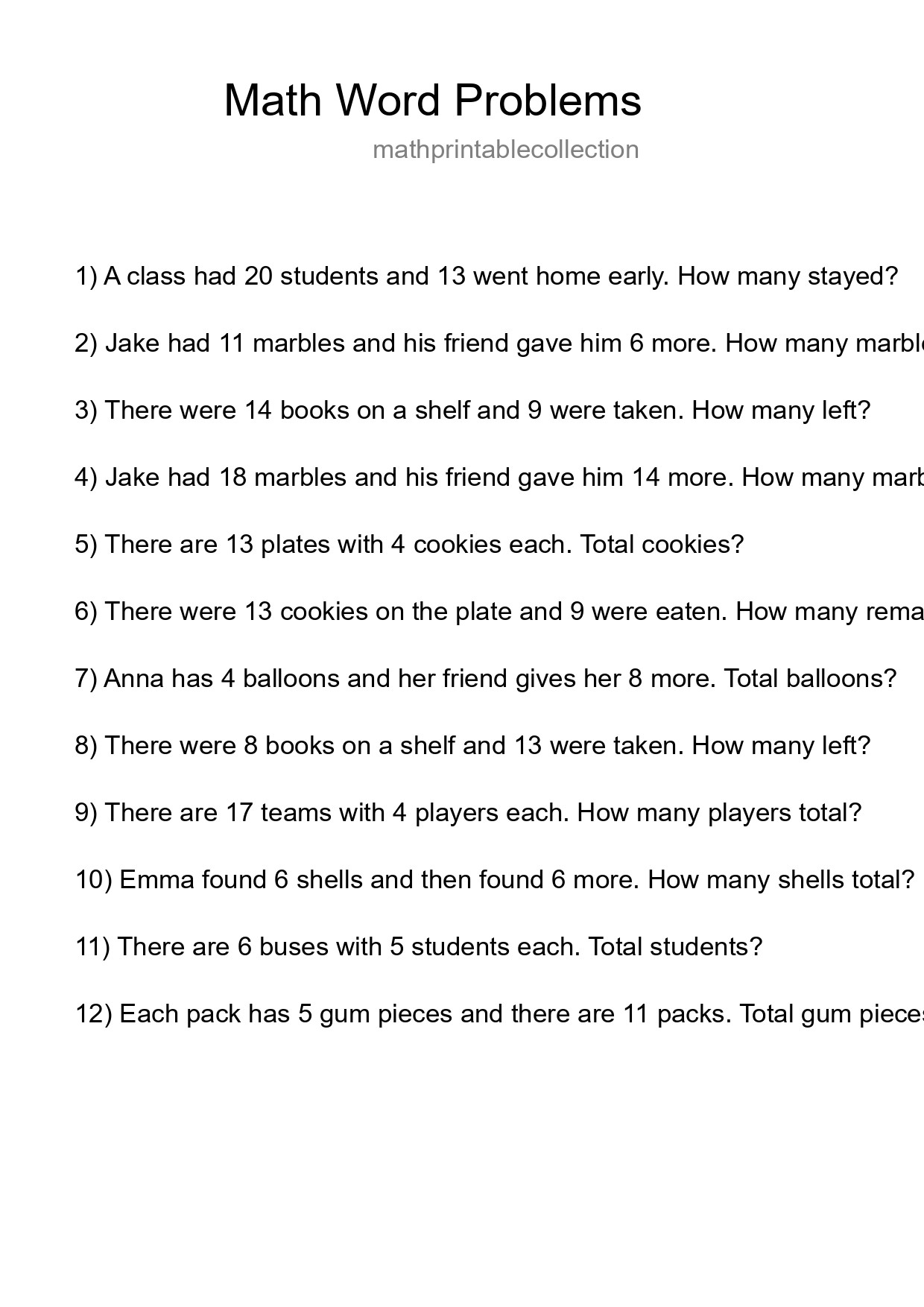 Math Word Problem Worksheet