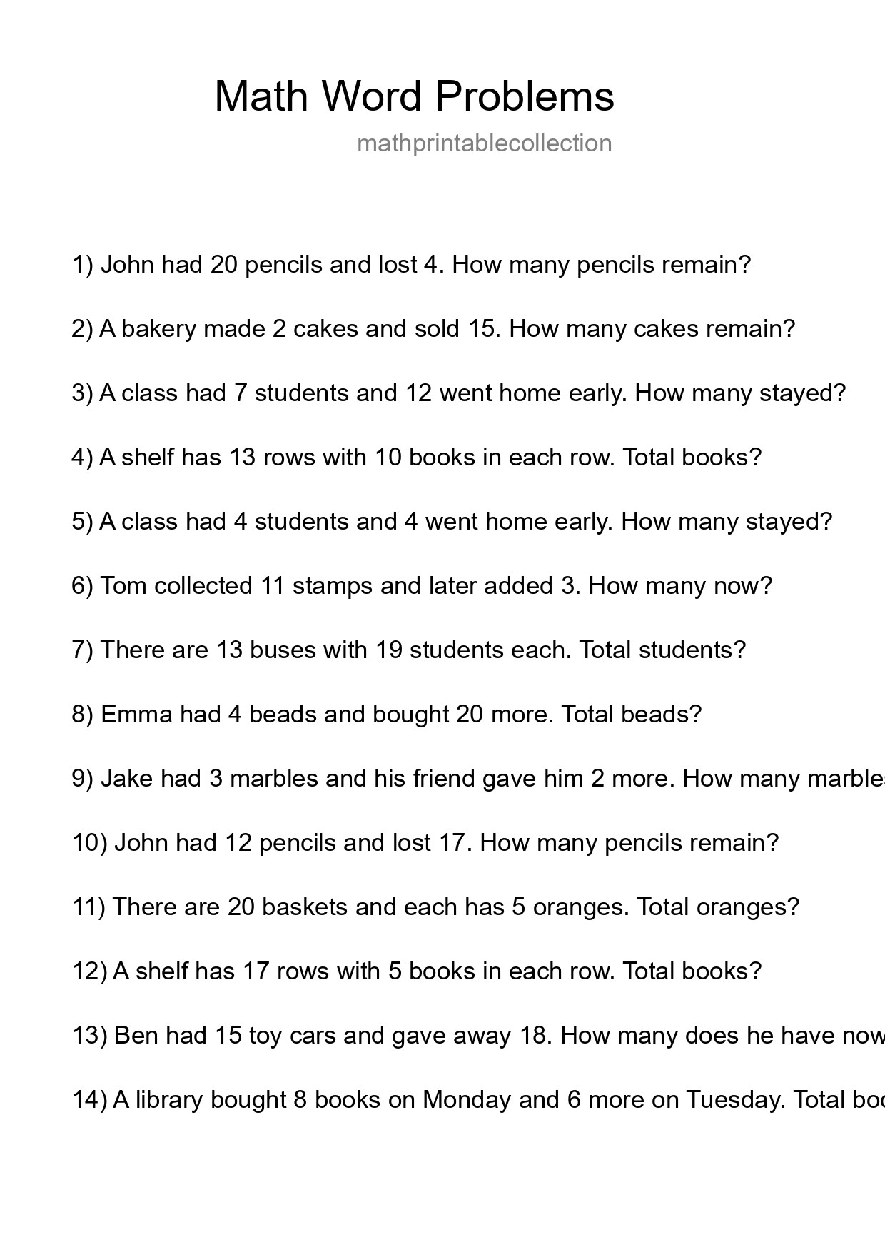 Math Word Problem Worksheet