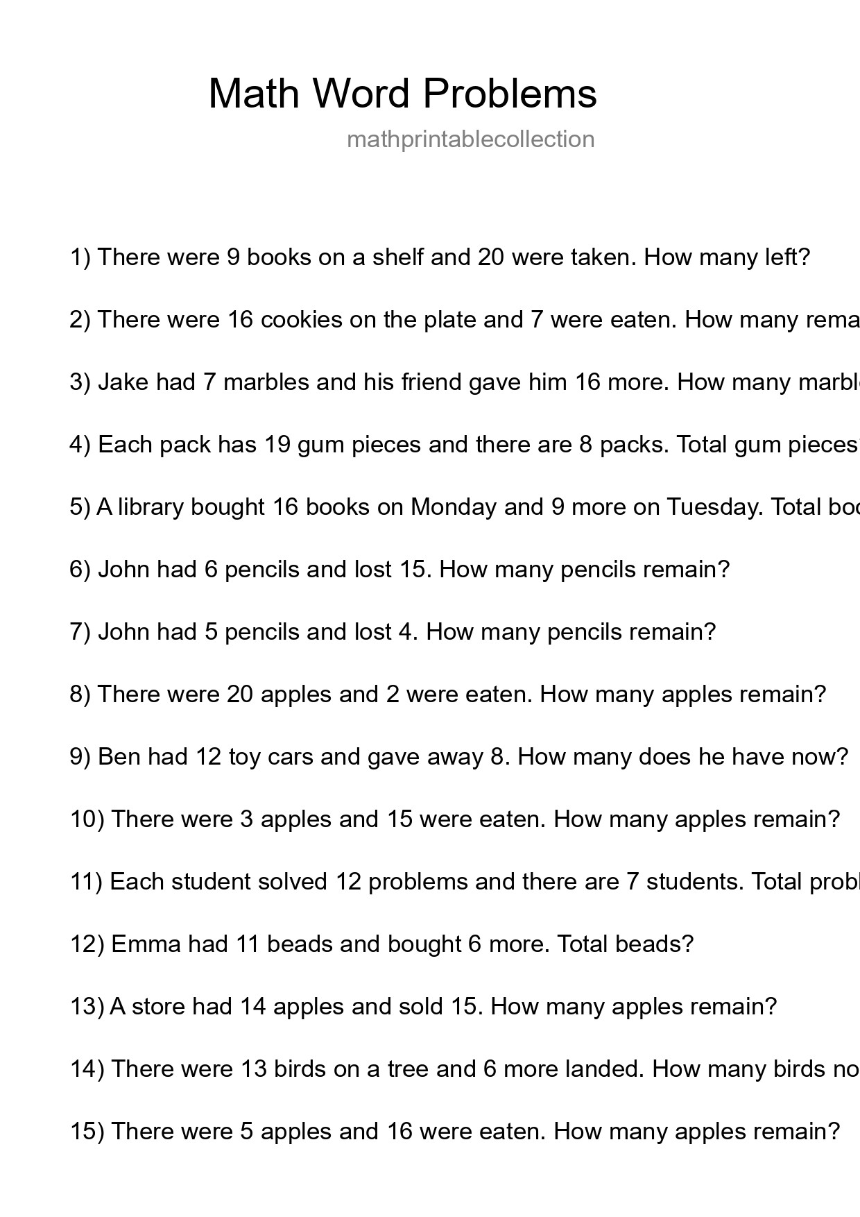 Math Word Problem Worksheet