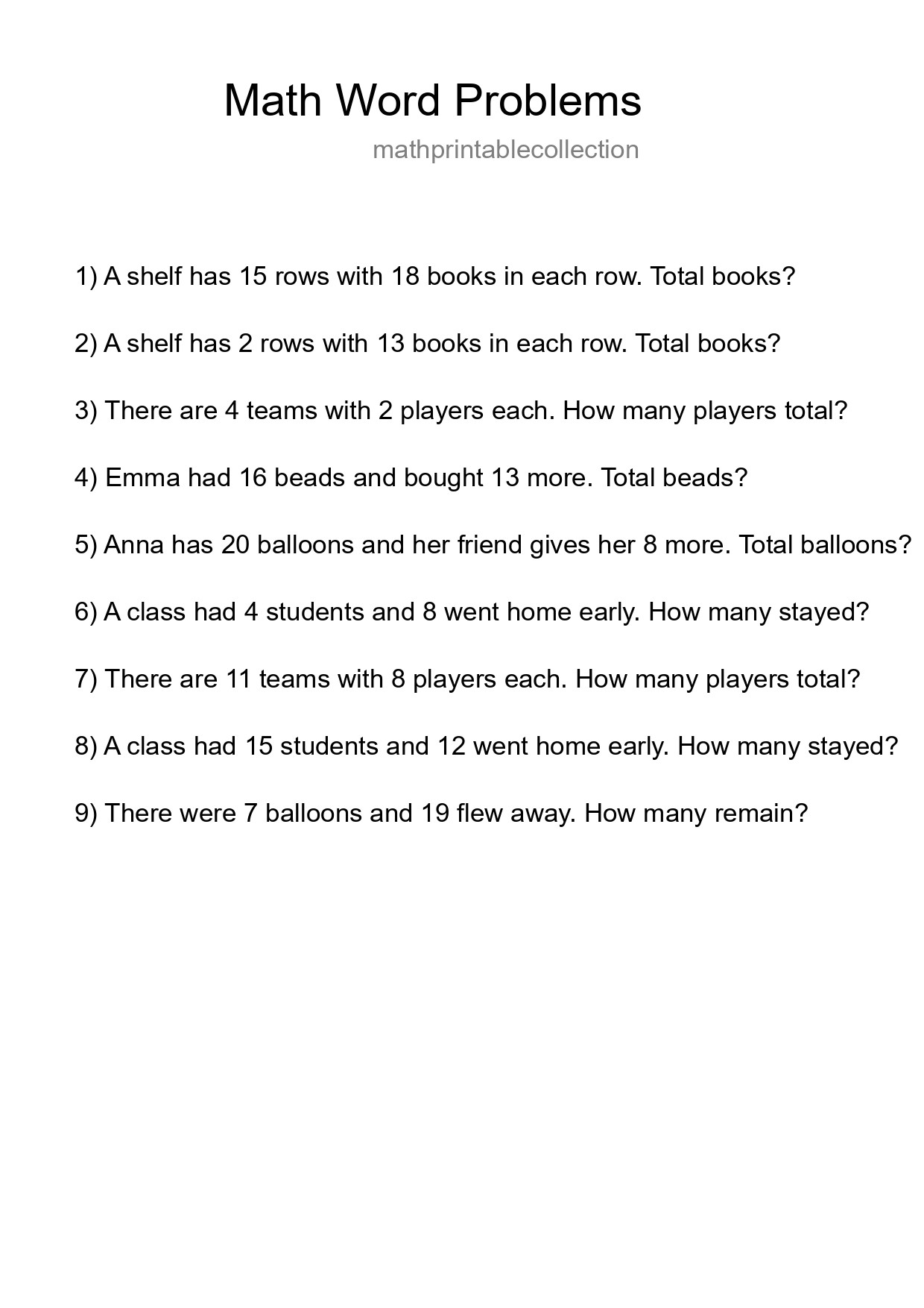 Math Word Problem Worksheet