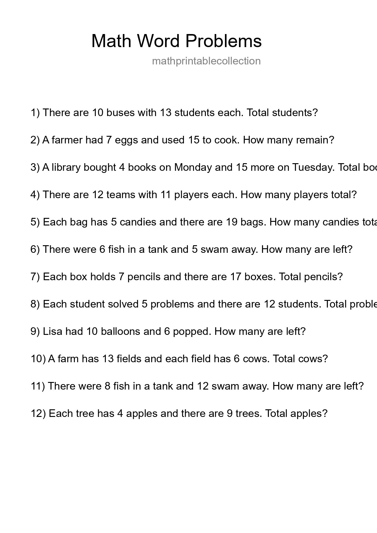 Math Word Problem Worksheet