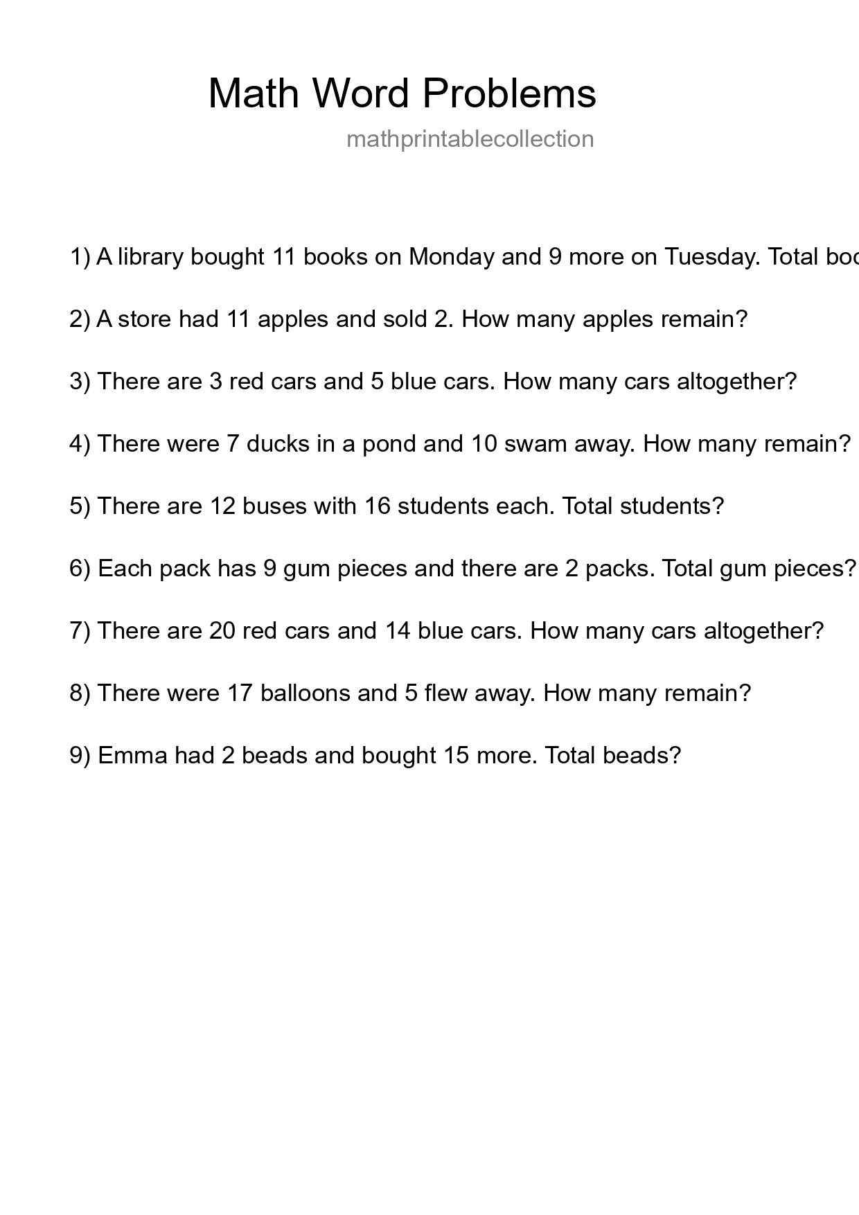 Math Word Problem Worksheet