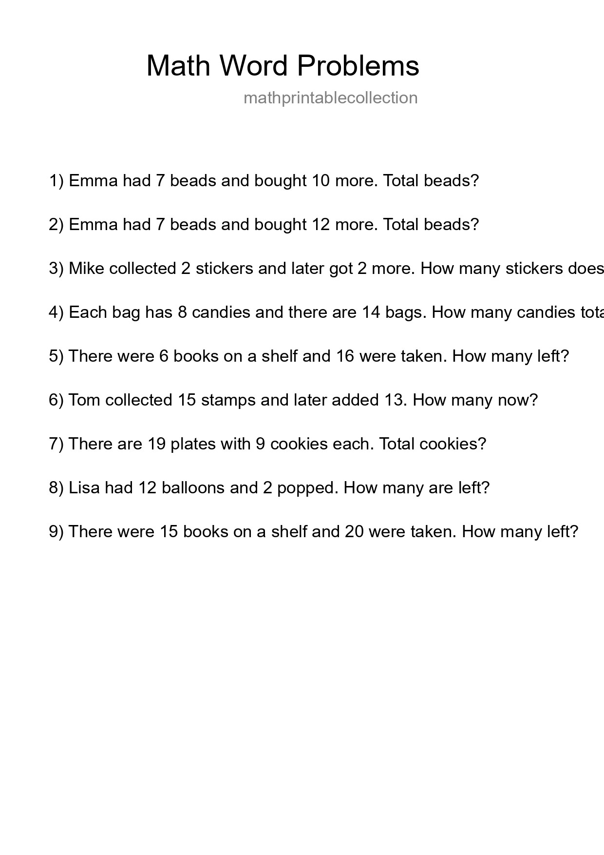 Math Word Problem Worksheet