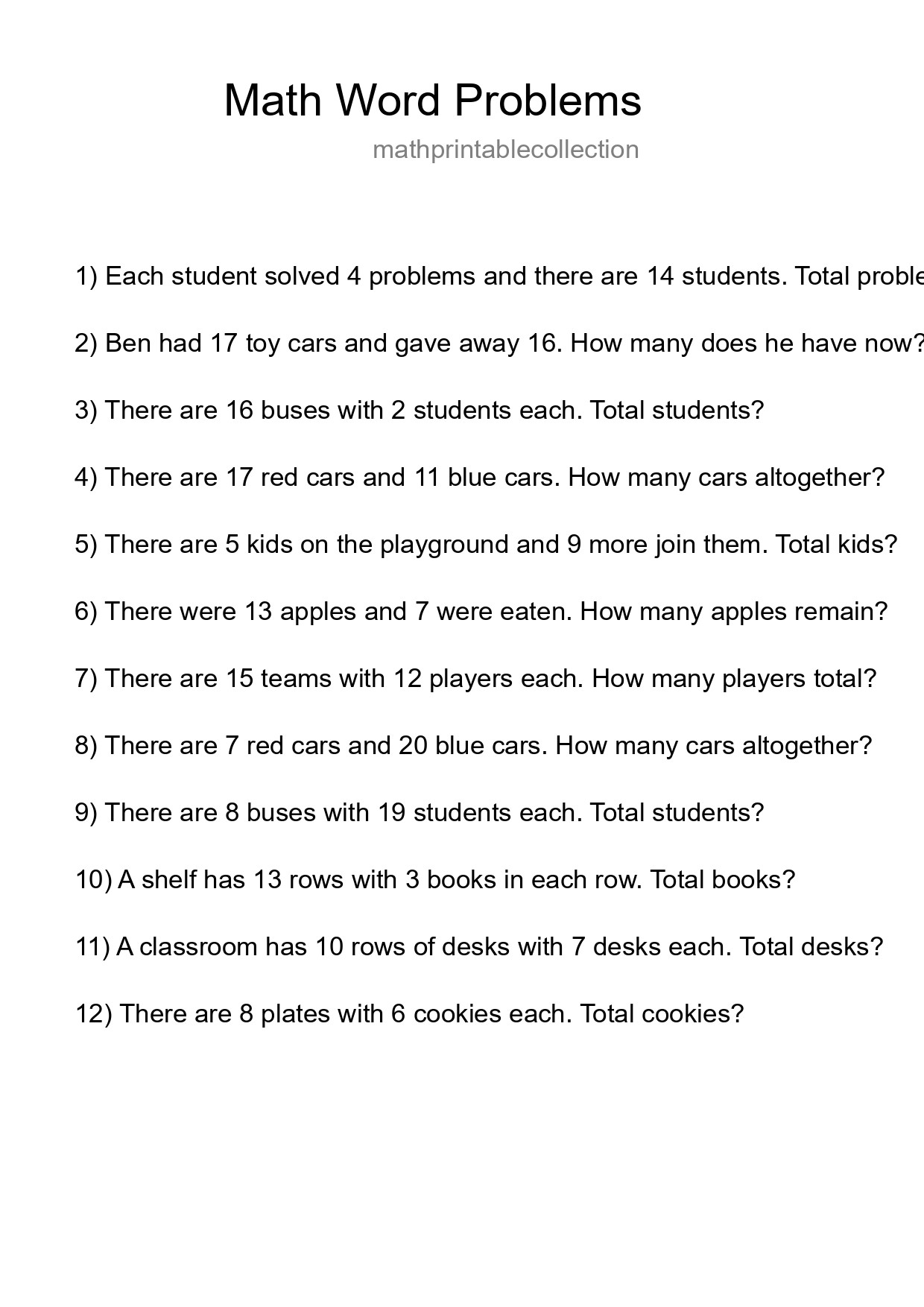 Math Word Problem Worksheet