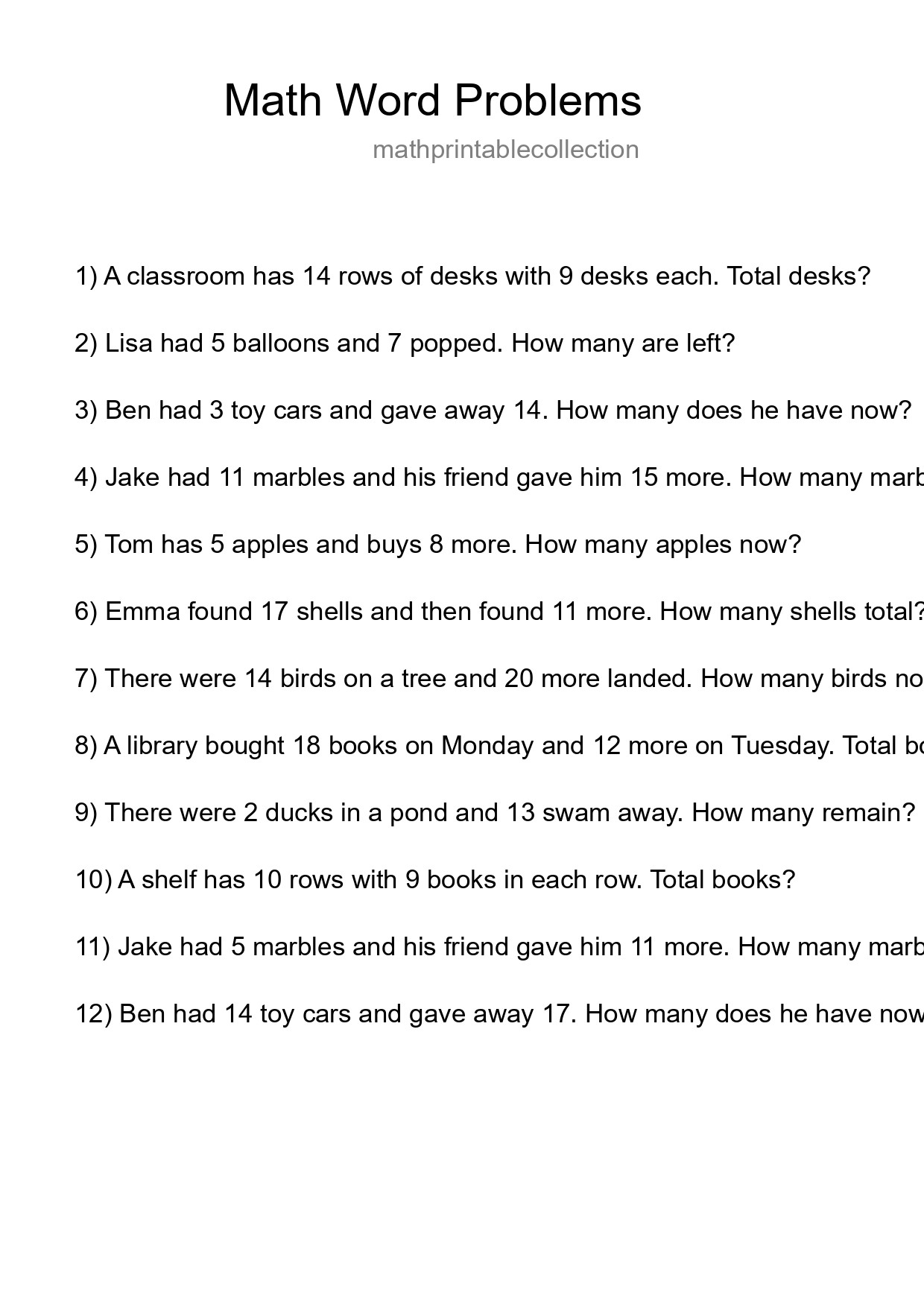 Math Word Problem Worksheet