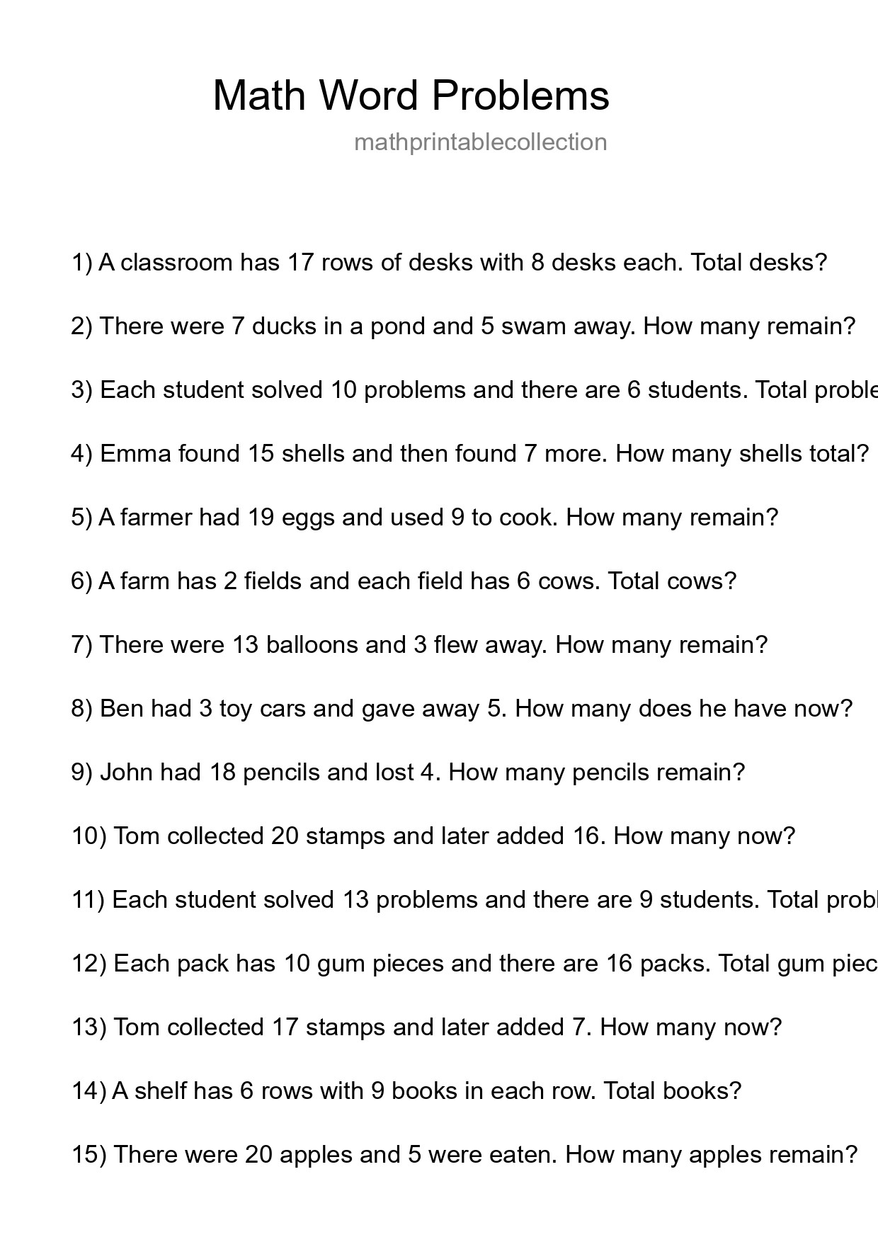 Math Word Problem Worksheet